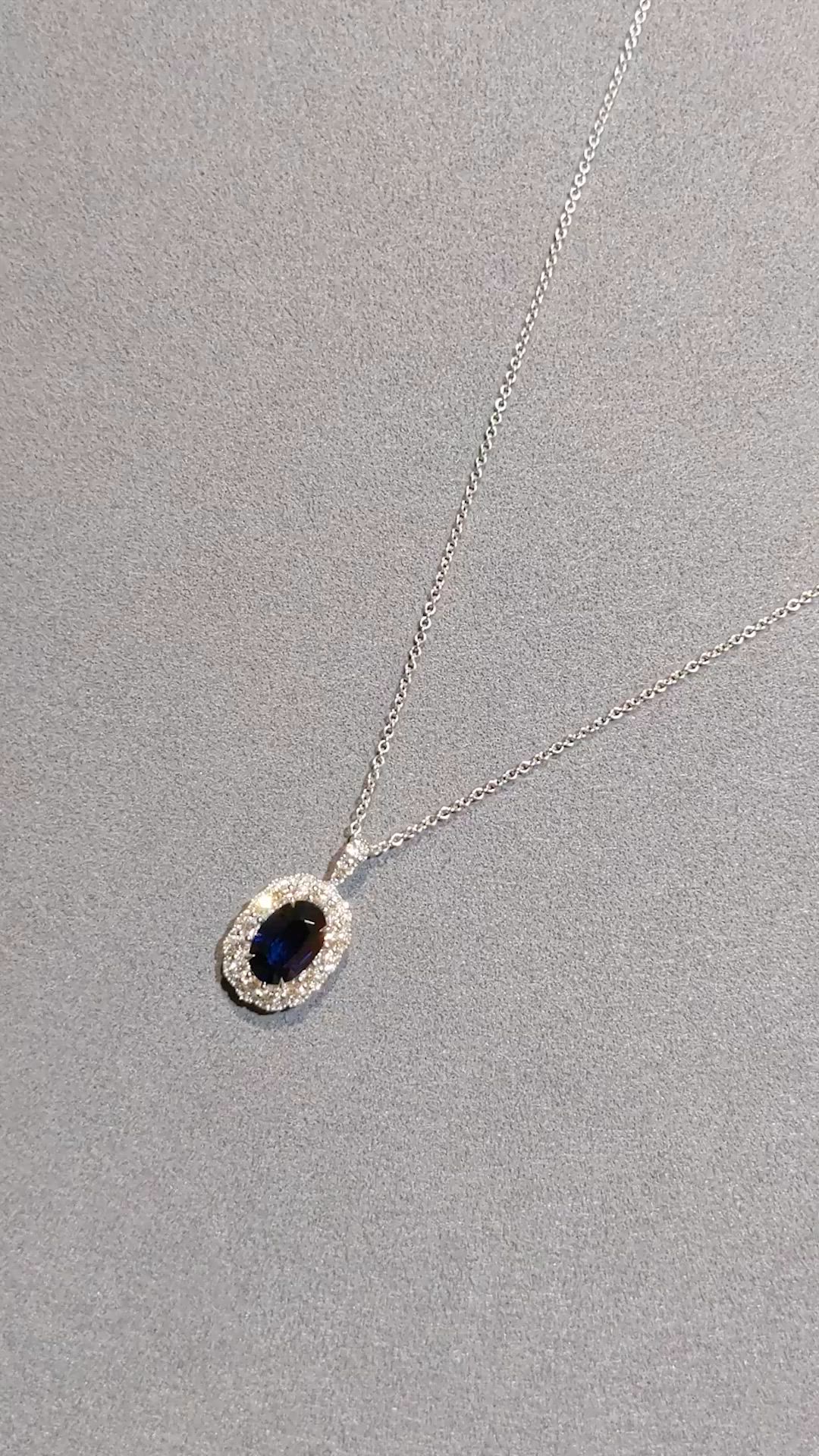 2.18 Ct. Blue Sapphire and Natural Diamond Pave Pendant, 18K White Gold Size Video