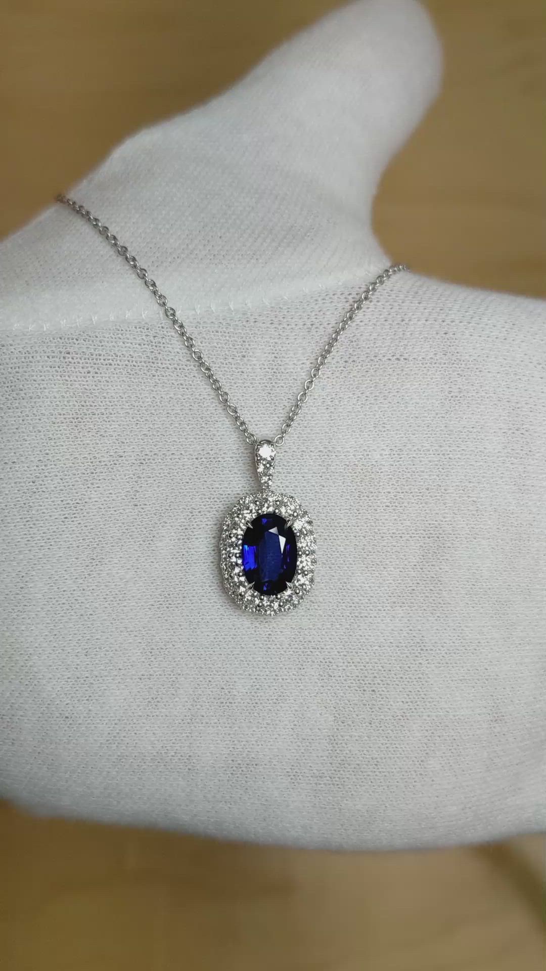 2.18 Ct. Blue Sapphire and Natural Diamond Pave Pendant, 18K White Gold Size Video