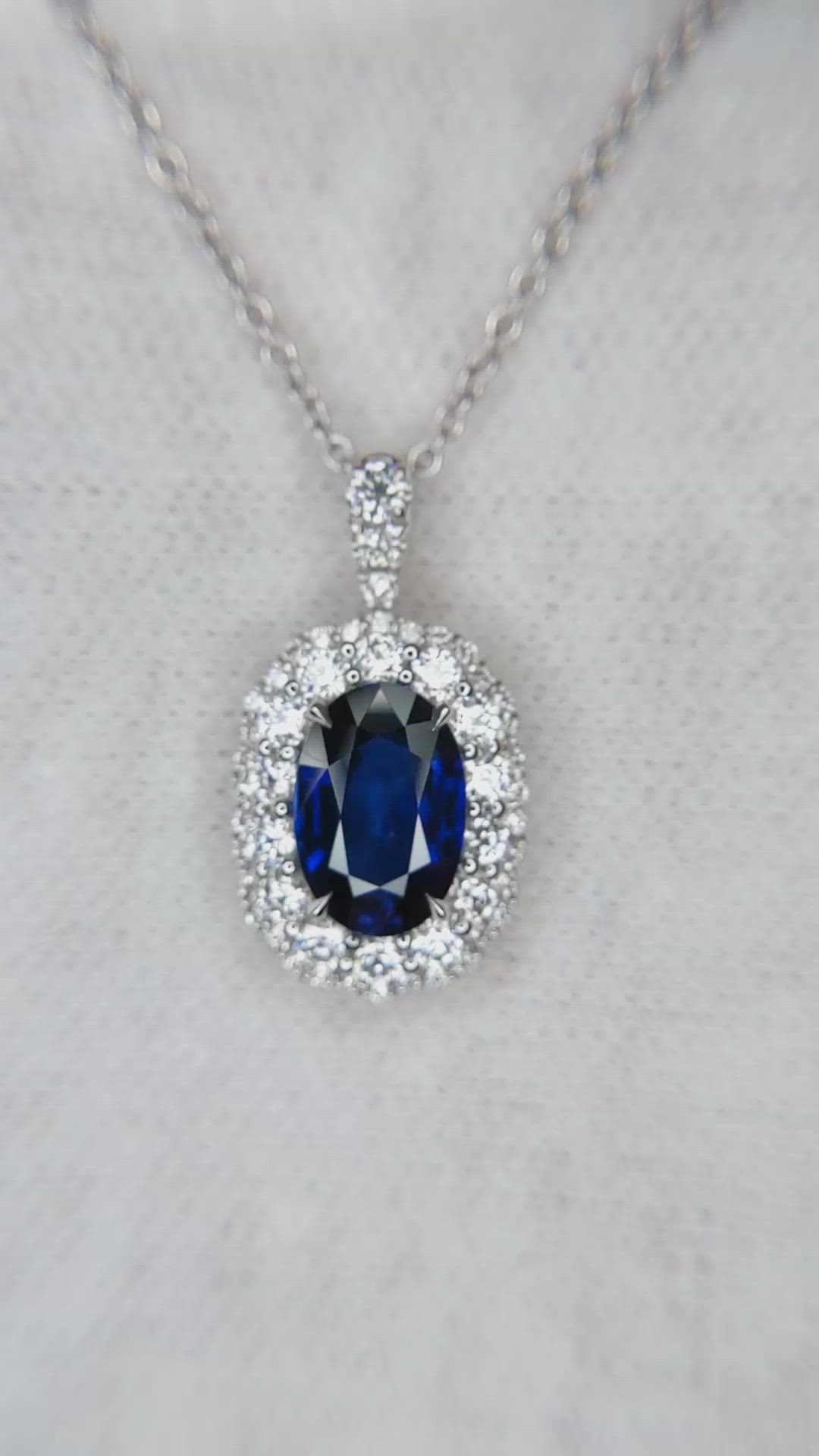 2.18 Ct. Blue Sapphire and Natural Diamond Pave Pendant, 18K White Gold Size Video