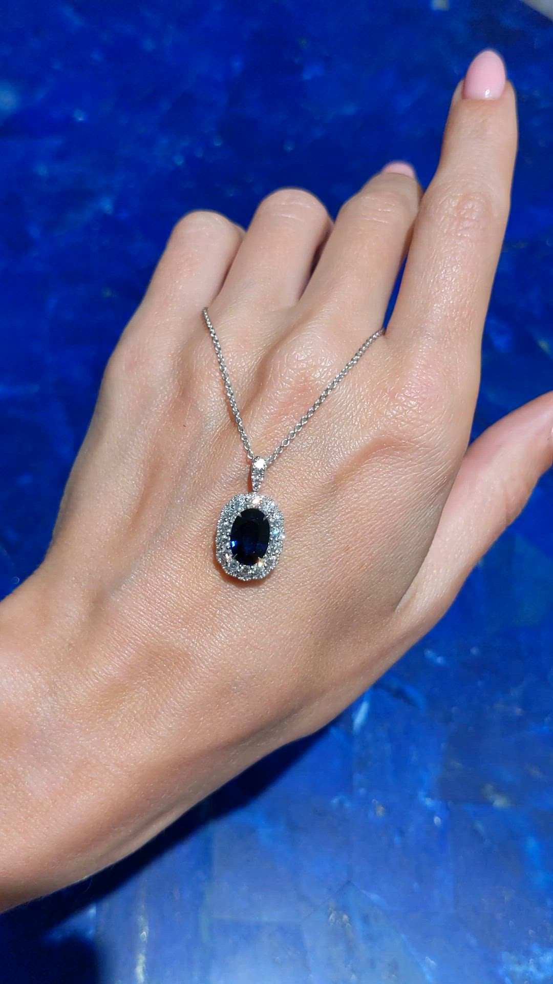 2.18 Ct. Blue Sapphire and Natural Diamond Pave Pendant, 18K White Gold Size Video