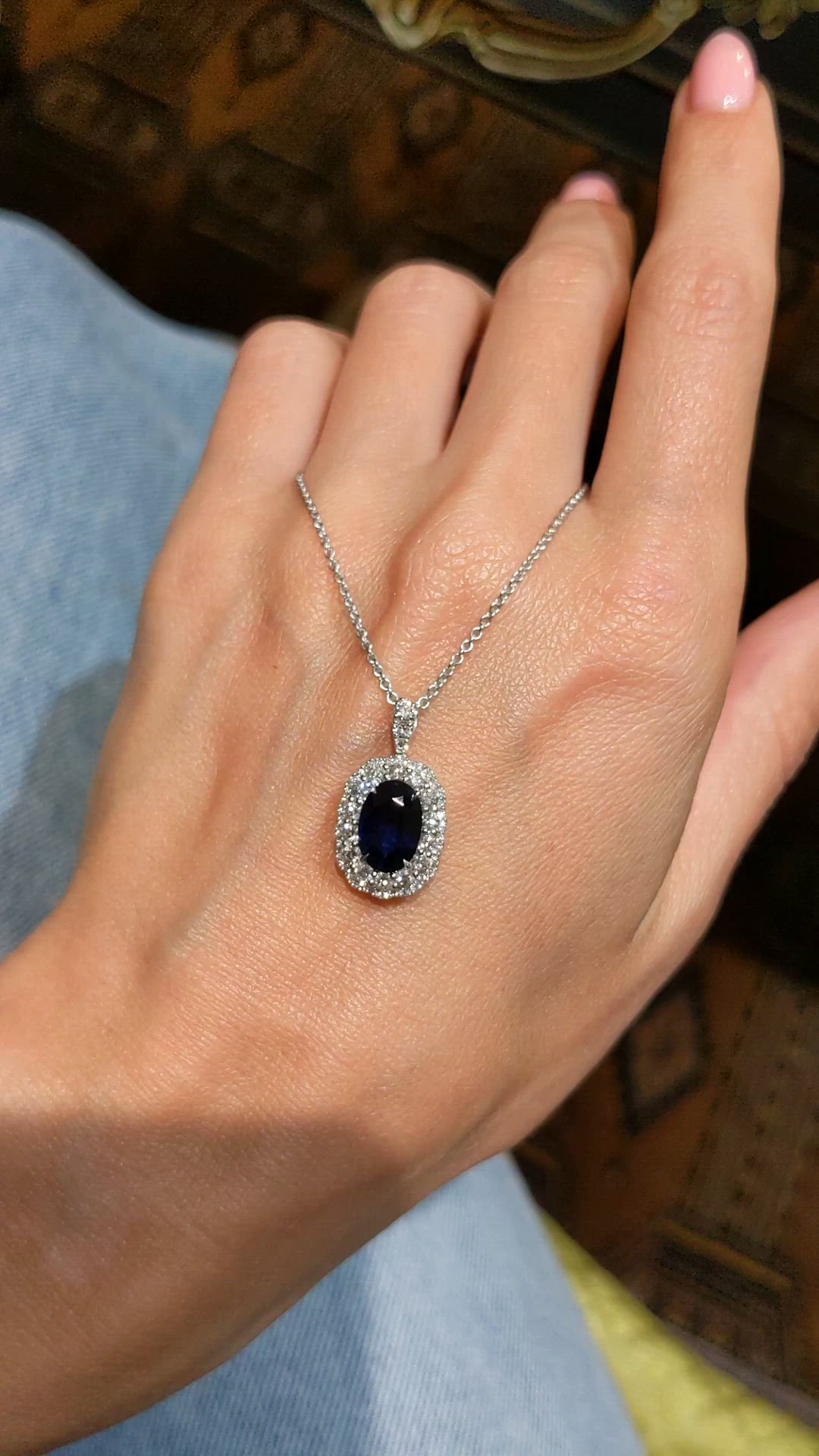 2.18 Ct. Blue Sapphire and Natural Diamond Pave Pendant, 18K White Gold Size Video