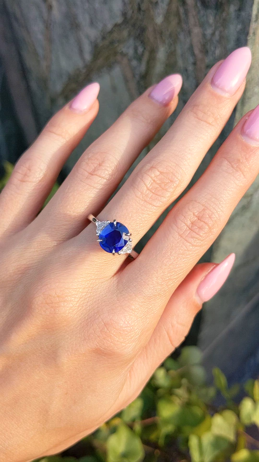 2.78 Ct. Blue Sapphire and Natural Diamond Three Stone Ring, Platinum 950 Size Video