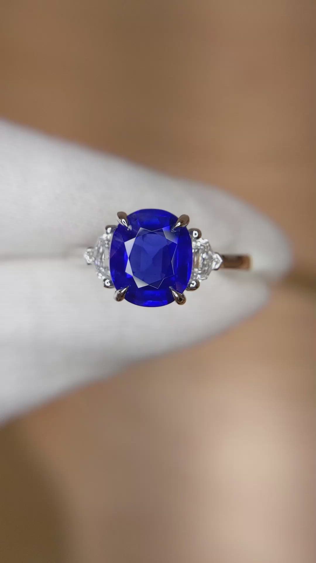 2.78 Ct. Blue Sapphire and Natural Diamond Three Stone Ring, Platinum 950 Size Video