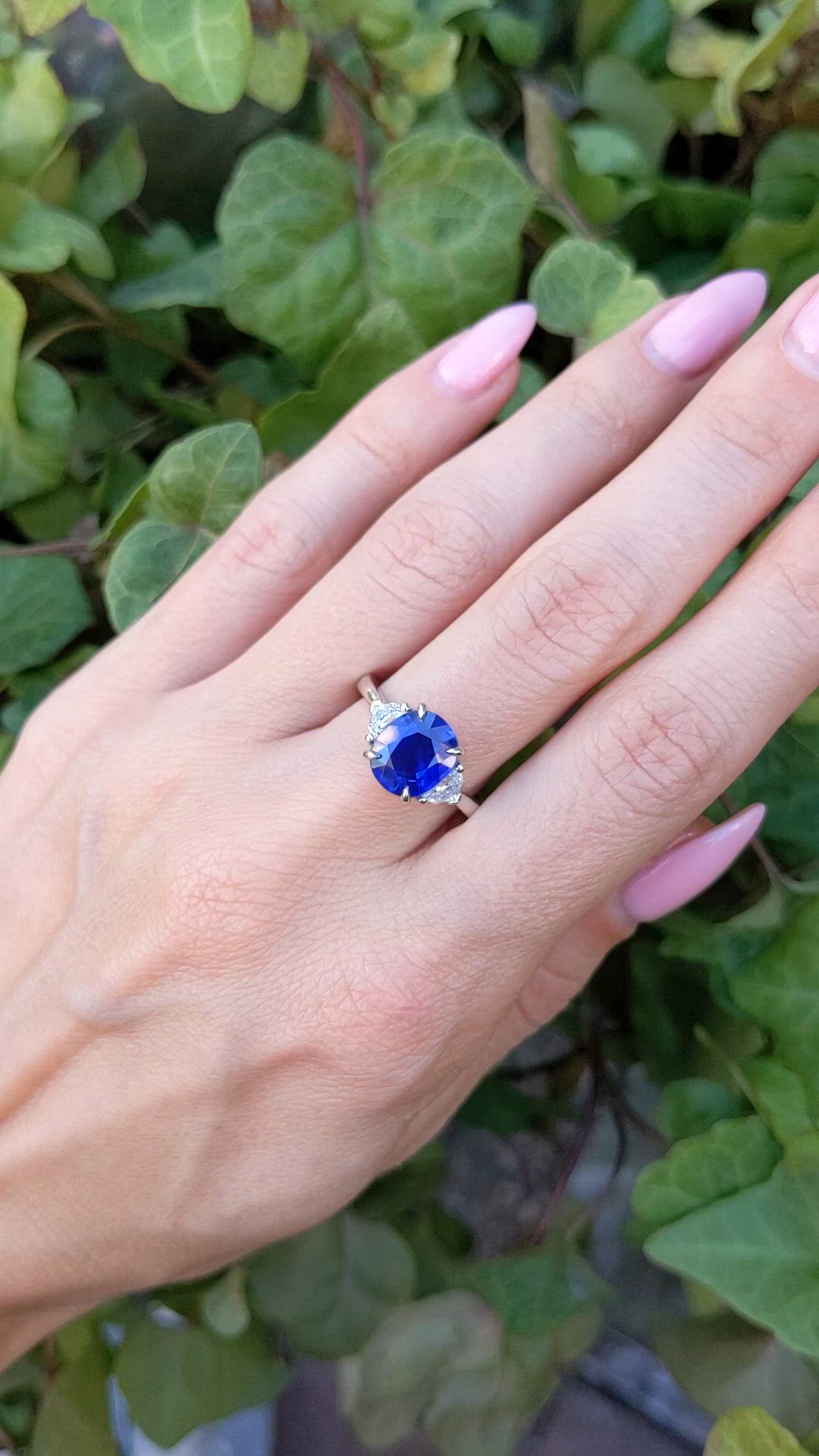 2.78 Ct. Blue Sapphire and Natural Diamond Three Stone Ring, Platinum 950 Size Video