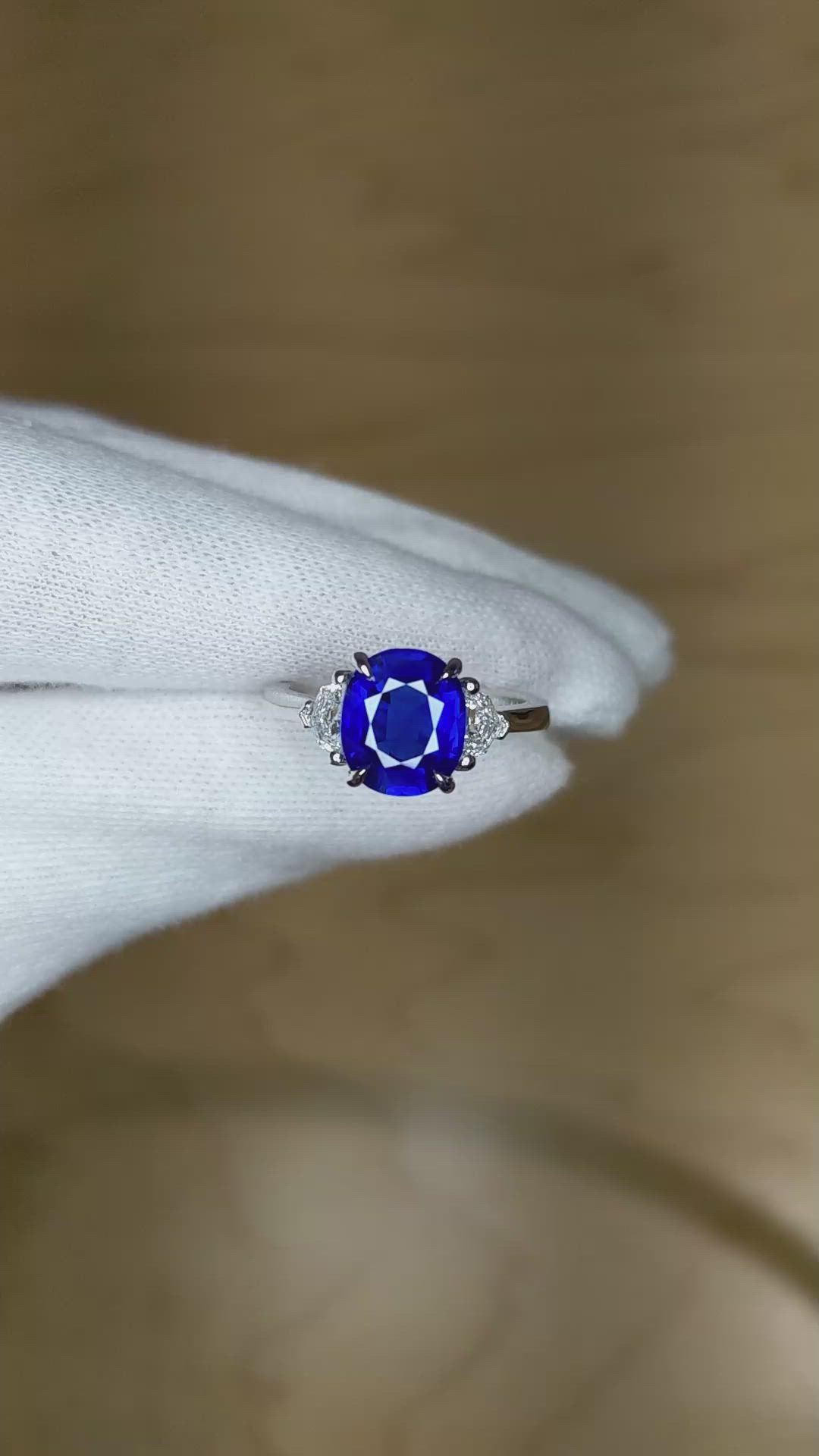 2.78 Ct. Blue Sapphire and Natural Diamond Three Stone Ring, Platinum 950 Size Video