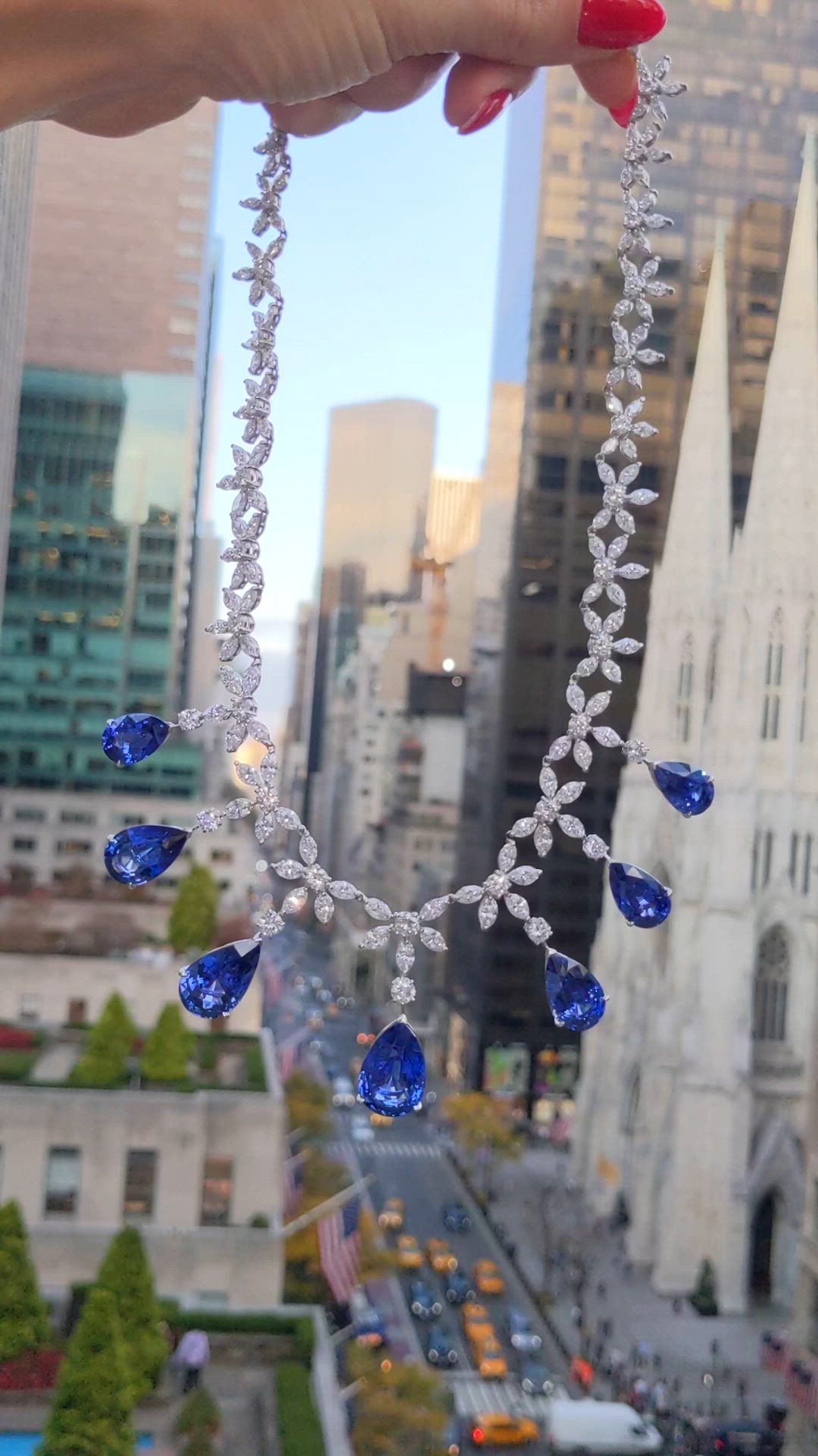 71.74 Ct. Blue Sapphire and Natural Diamond Pave Necklace, 18K White Gold Size Video