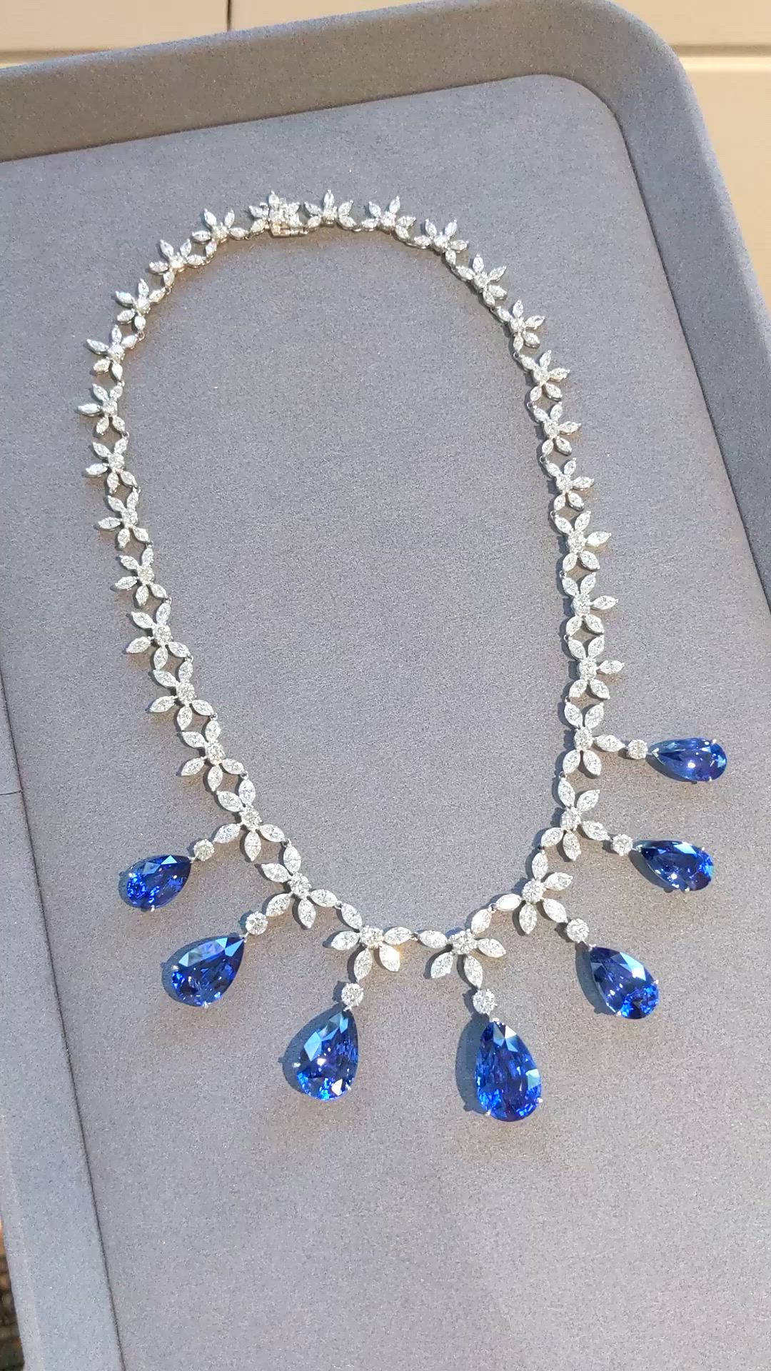 71.74 Ct. Blue Sapphire and Natural Diamond Pave Necklace, 18K White Gold Size Video