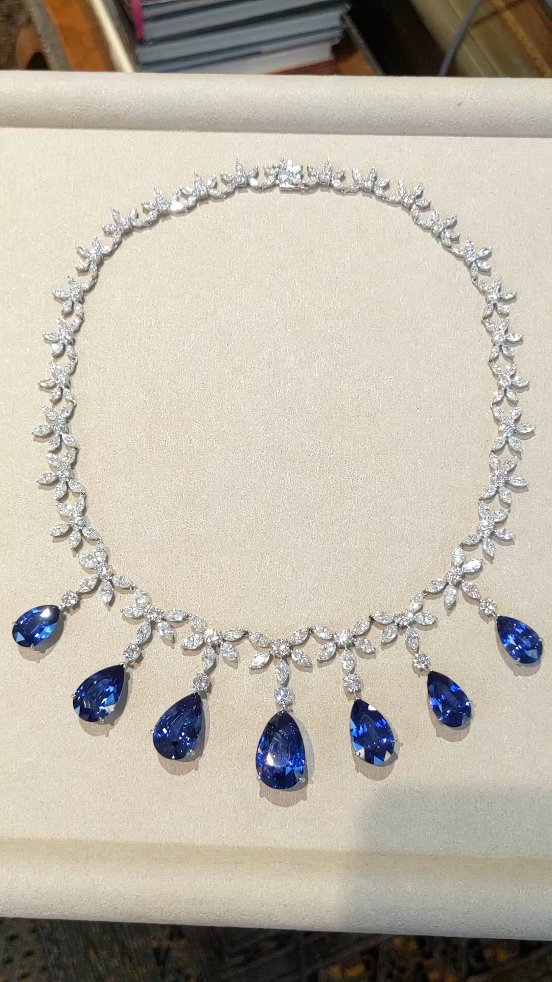 71.74 Ct. Blue Sapphire and Natural Diamond Pave Necklace, 18K White Gold Size Video