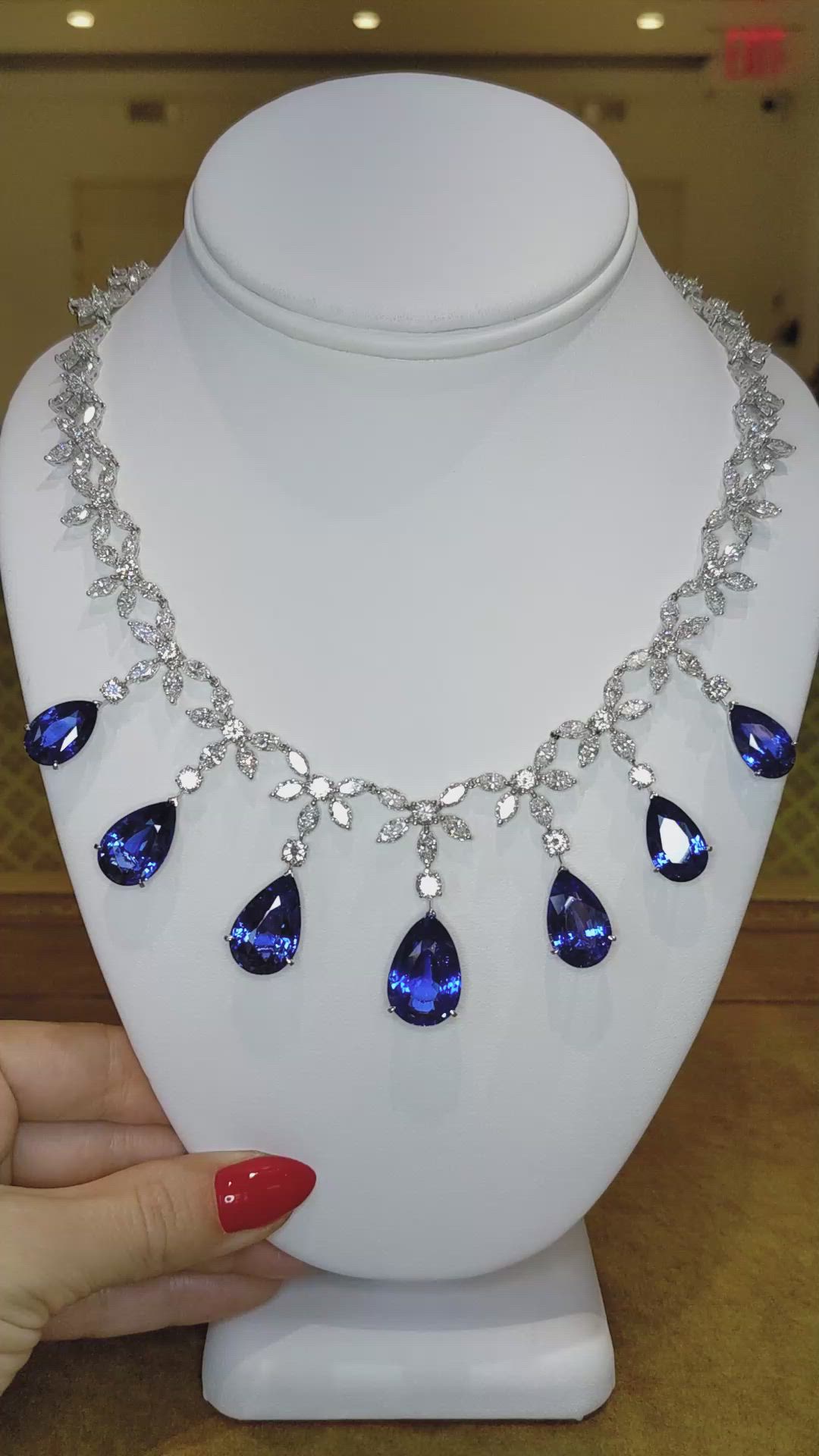 71.74 Ct. Blue Sapphire and Natural Diamond Pave Necklace, 18K White Gold Size Video