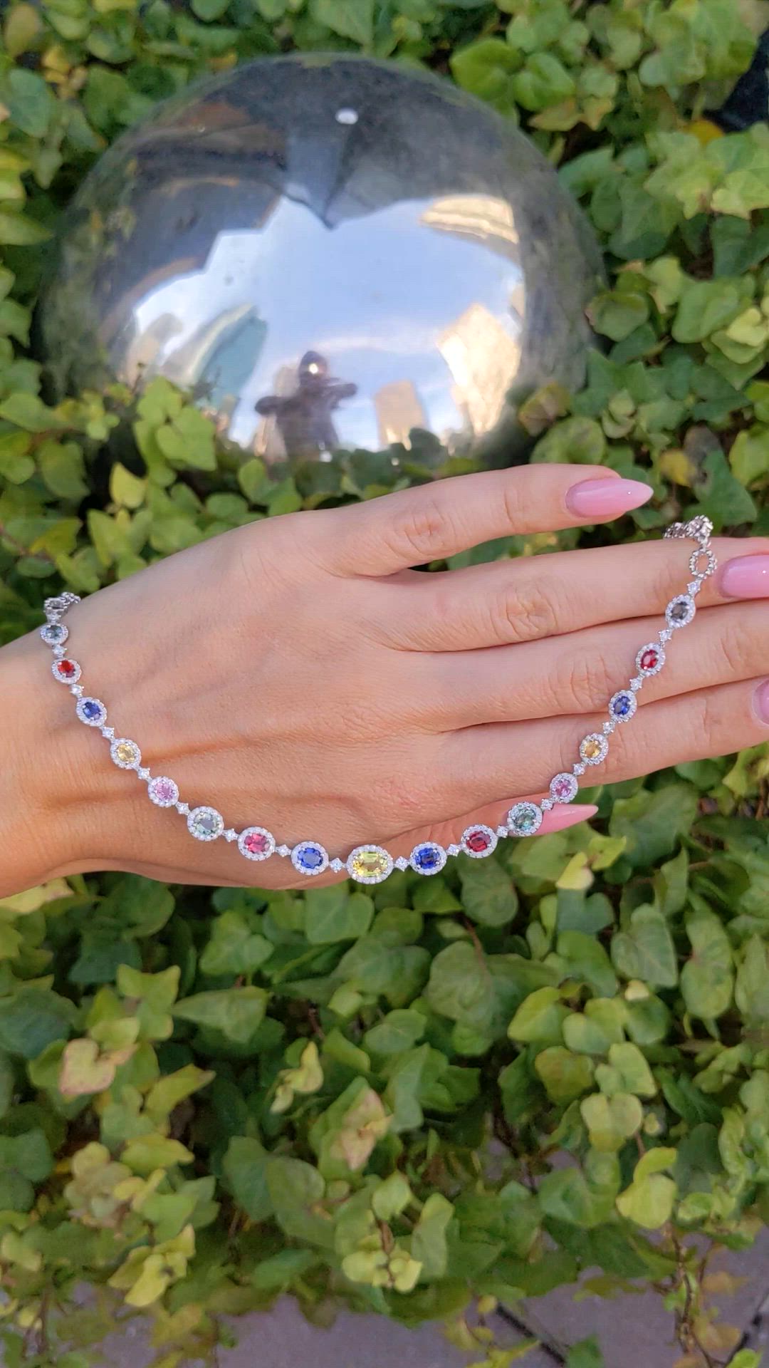 6.30 Ct. Multi Color Sapphire and Natural Diamond Halo Necklace, 18K White Gold Size Video