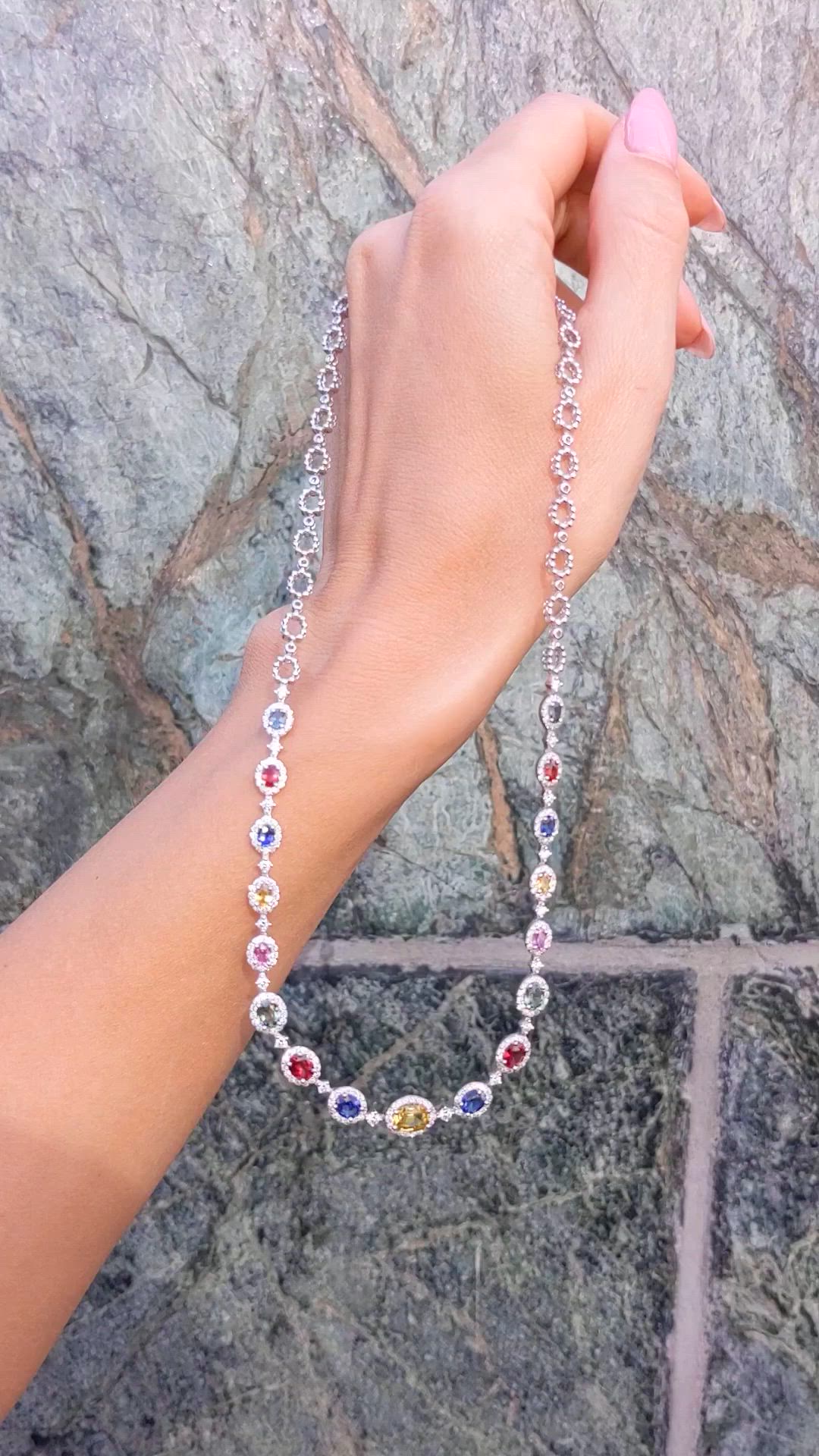 6.30 Ct. Multi Color Sapphire and Natural Diamond Halo Necklace, 18K White Gold Size Video