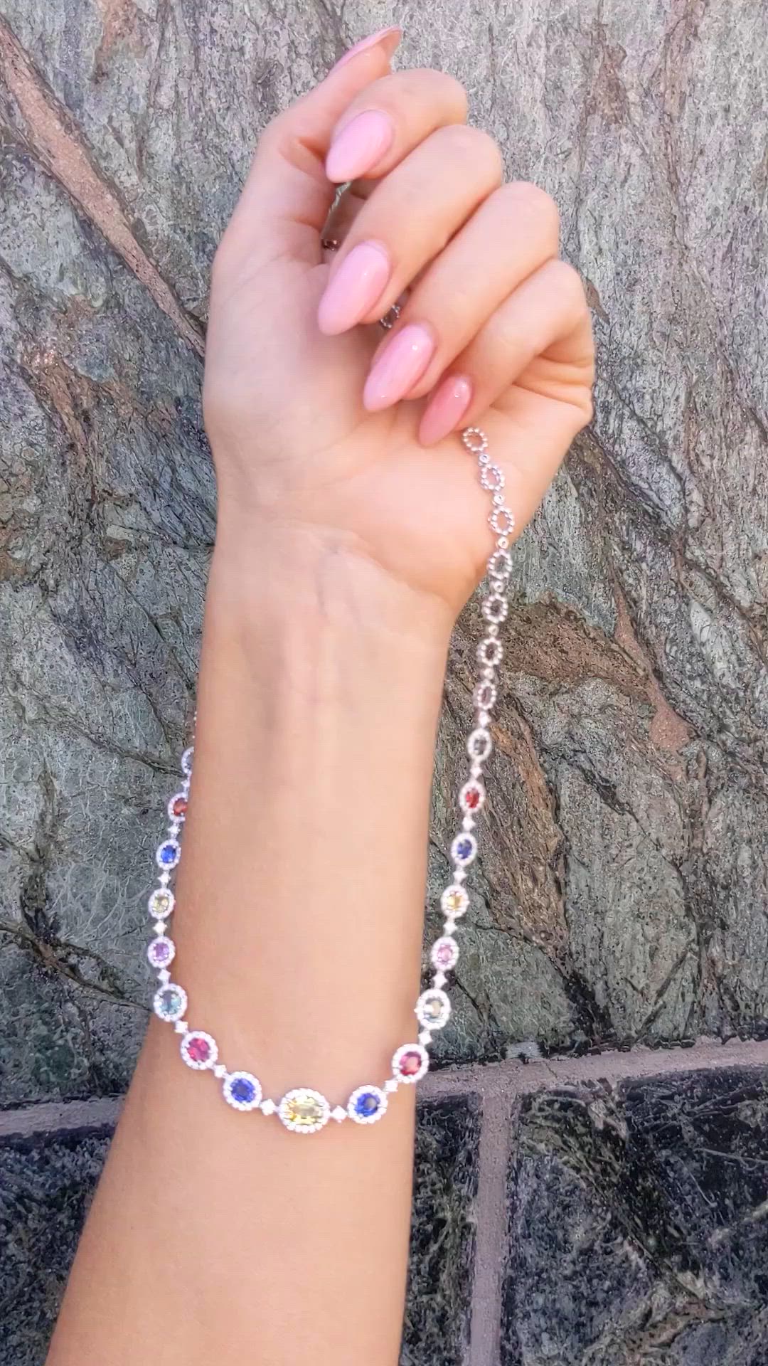 6.30 Ct. Multi Color Sapphire and Natural Diamond Halo Necklace, 18K White Gold Size Video