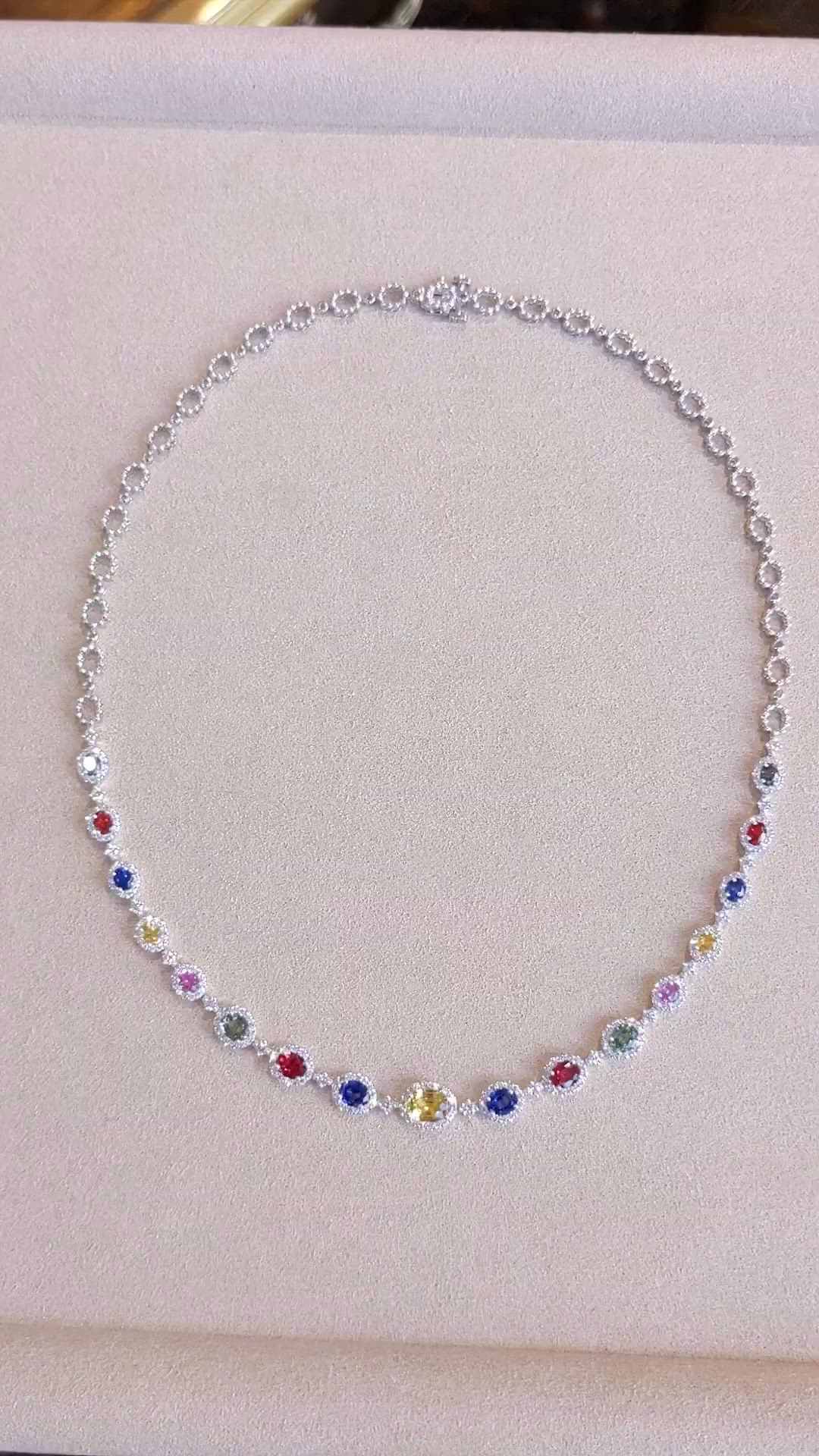 6.30 Ct. Multi Color Sapphire and Natural Diamond Halo Necklace, 18K White Gold Size Video