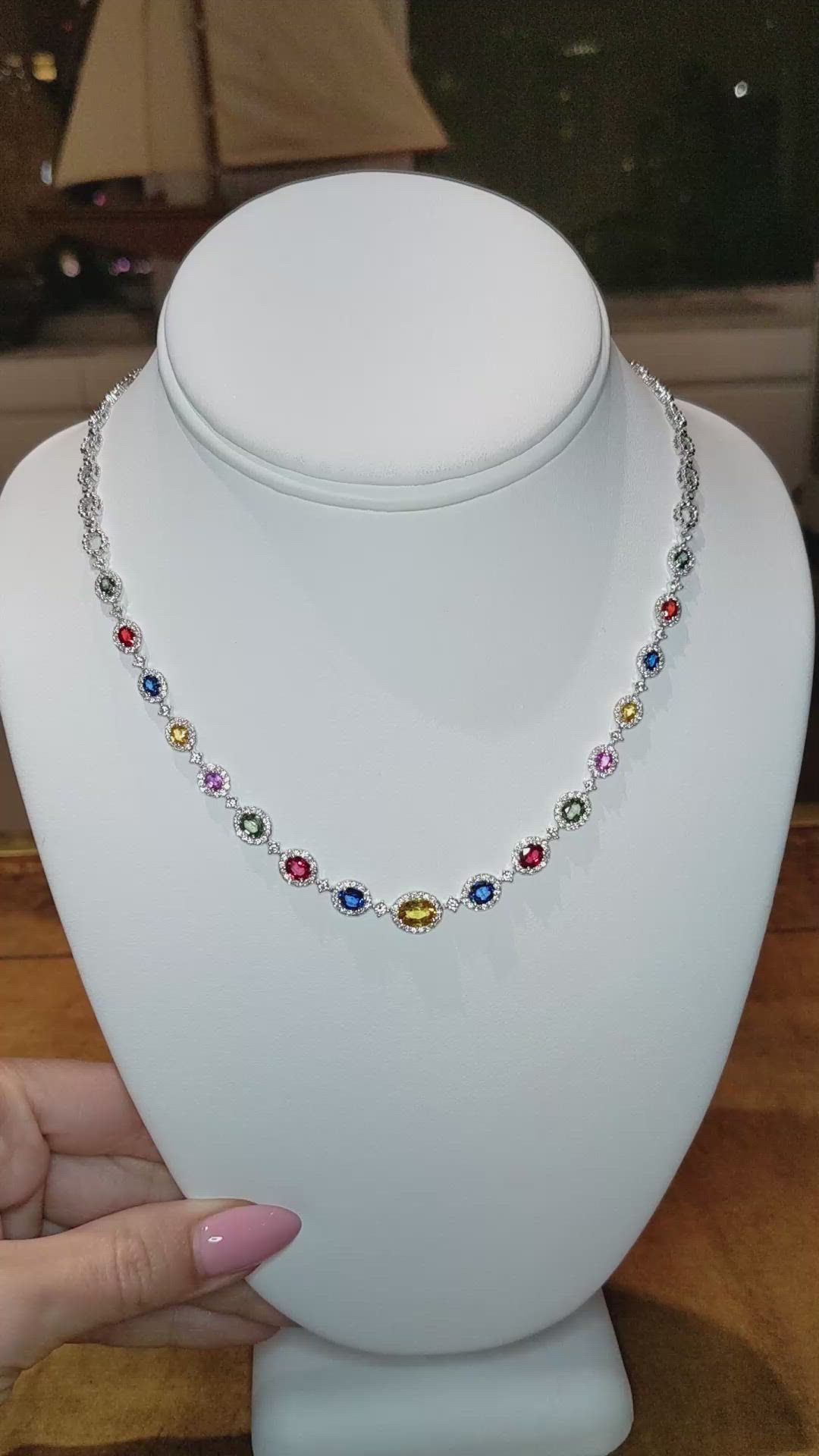6.30 Ct. Multi Color Sapphire and Natural Diamond Halo Necklace, 18K White Gold Size Video