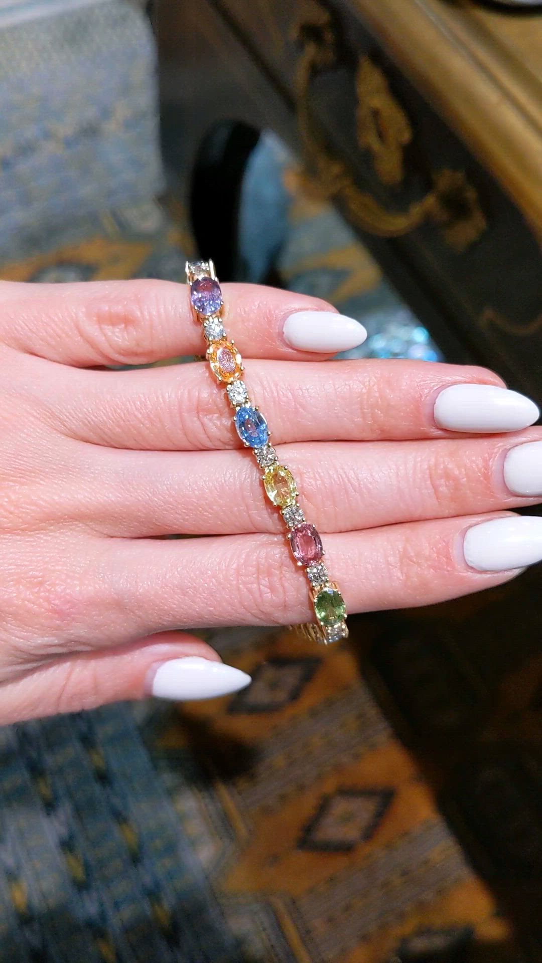 17.85 Ct.Tw. Multi Color Sapphire and Natural Diamond Tennis/Line Bracelet, 14K Yellow Gold Size Video