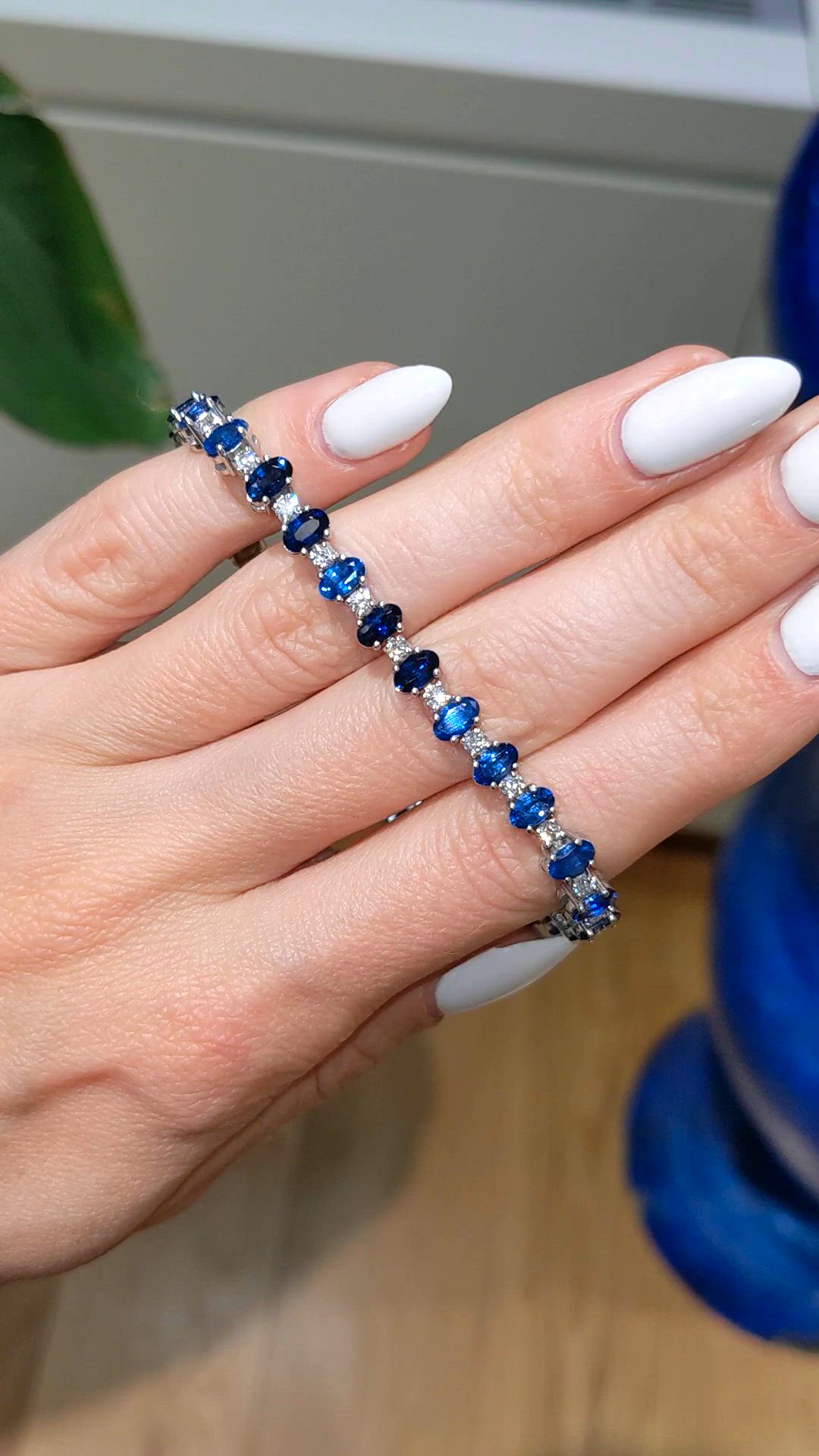 9.18 Ct.Tw. Blue Sapphire and Natural Diamond Tennis/Line Bracelet, 14K White Gold Size Video