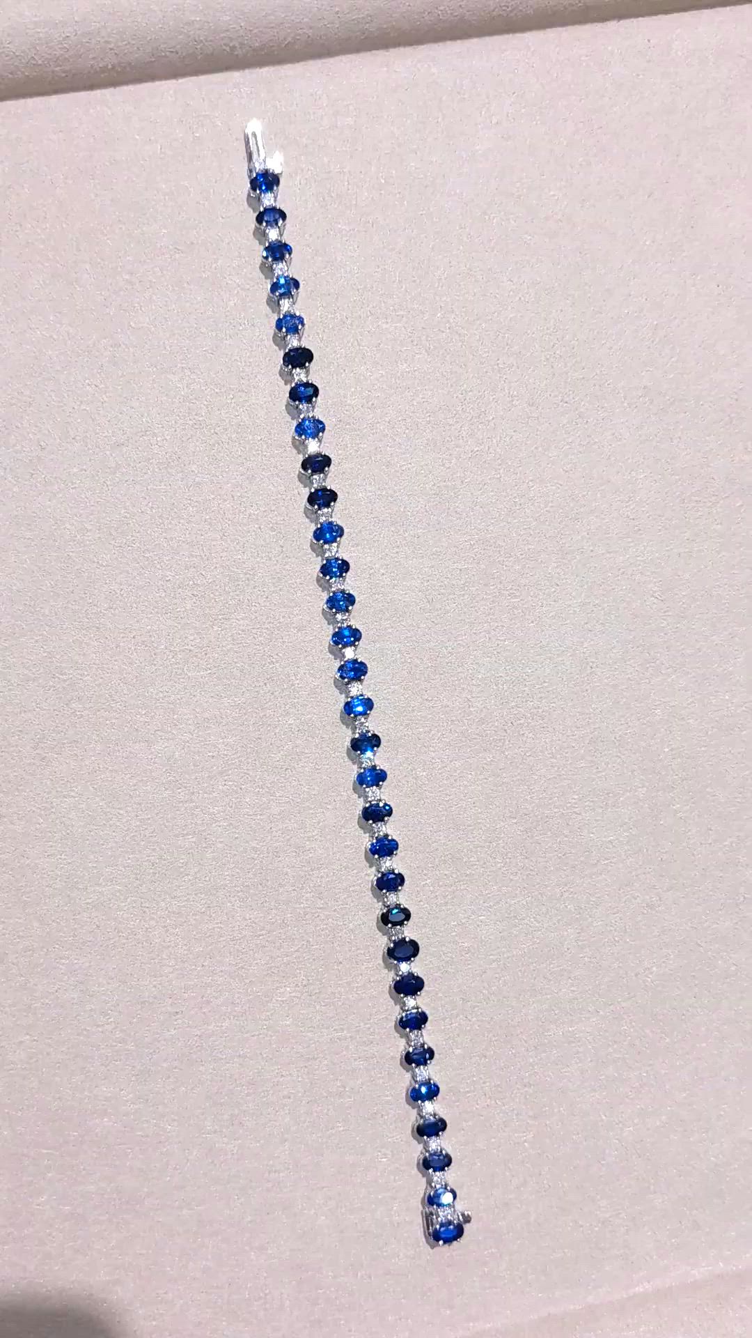 9.18 Ct.Tw. Blue Sapphire and Natural Diamond Tennis/Line Bracelet, 14K White Gold Size Video