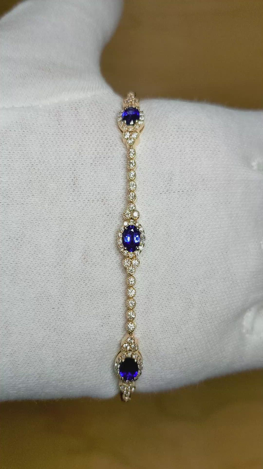 3.01 Ct.Tw. Blue Sapphire and Natural Diamond Tennis/Line Bracelet, 18K Yellow Gold Size Video