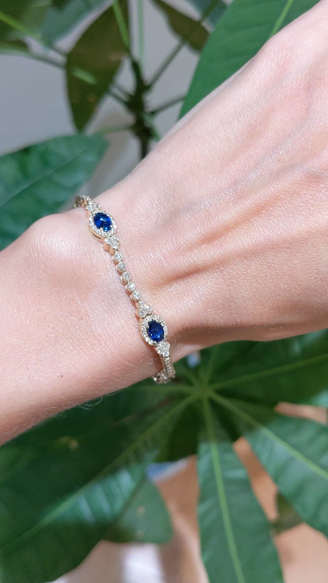 3.01 Ct.Tw. Blue Sapphire and Natural Diamond Tennis/Line Bracelet, 18K Yellow Gold Size Video