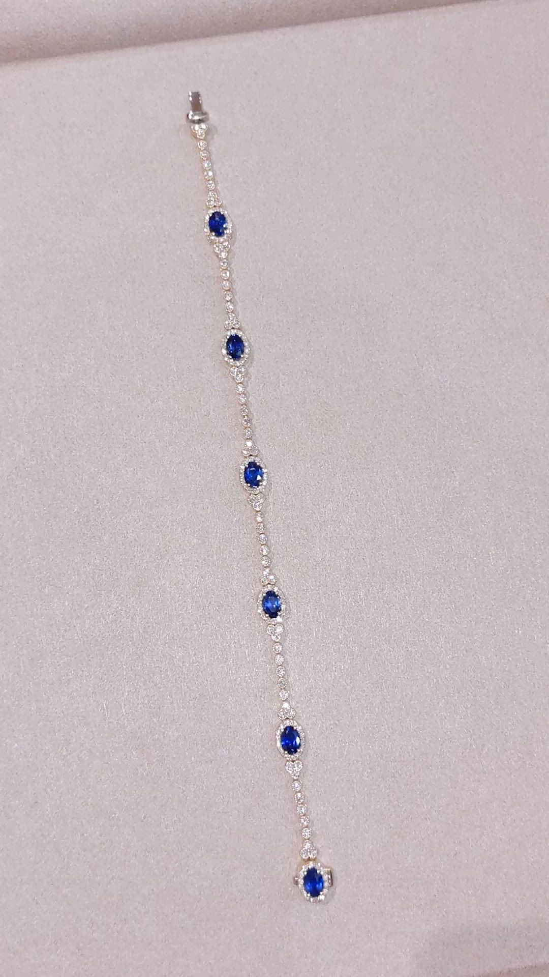 3.01 Ct.Tw. Blue Sapphire and Natural Diamond Tennis/Line Bracelet, 18K Yellow Gold Size Video