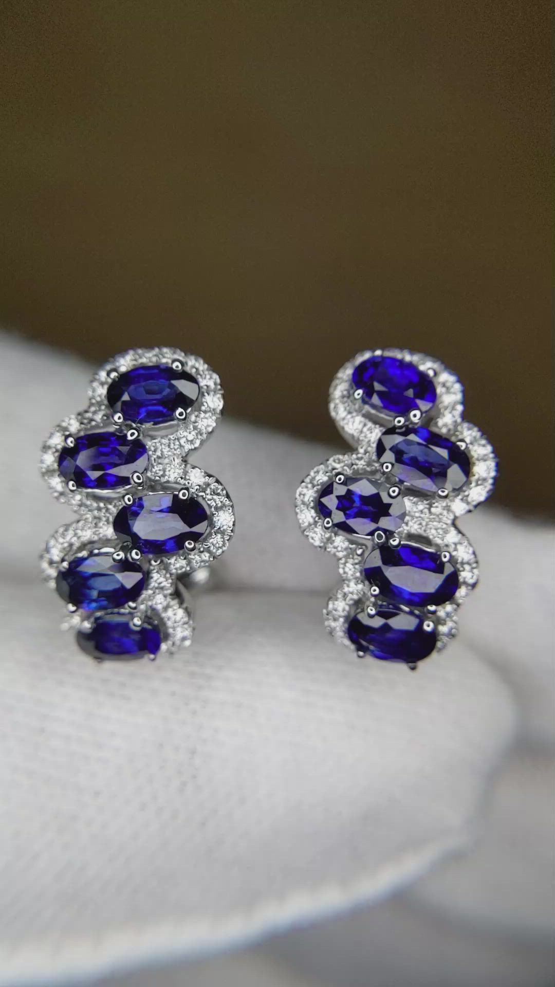 2.75 Ct.Tw. Blue Sapphire and Natural Diamond Pave Earrings, 18K White Gold Size Video