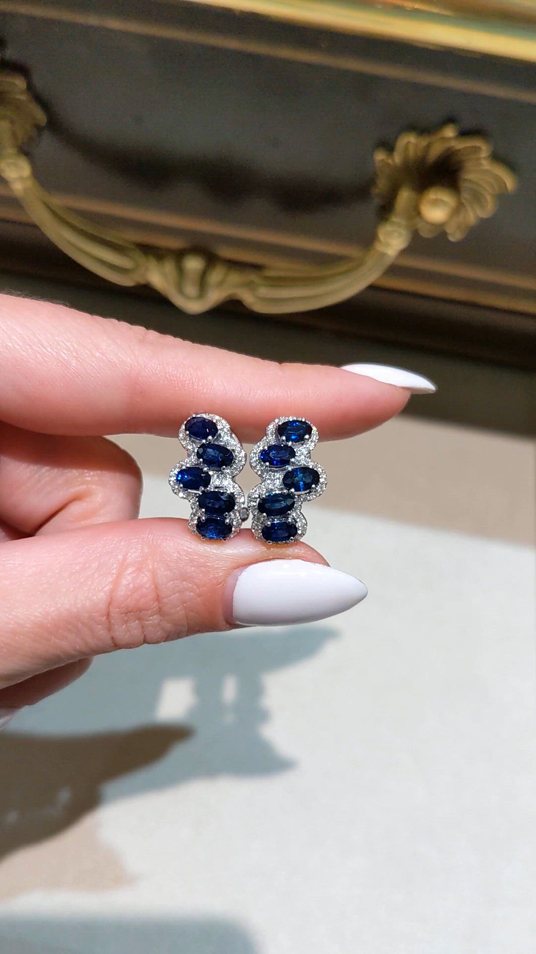 2.75 Ct.Tw. Blue Sapphire and Natural Diamond Pave Earrings, 18K White Gold Size Video