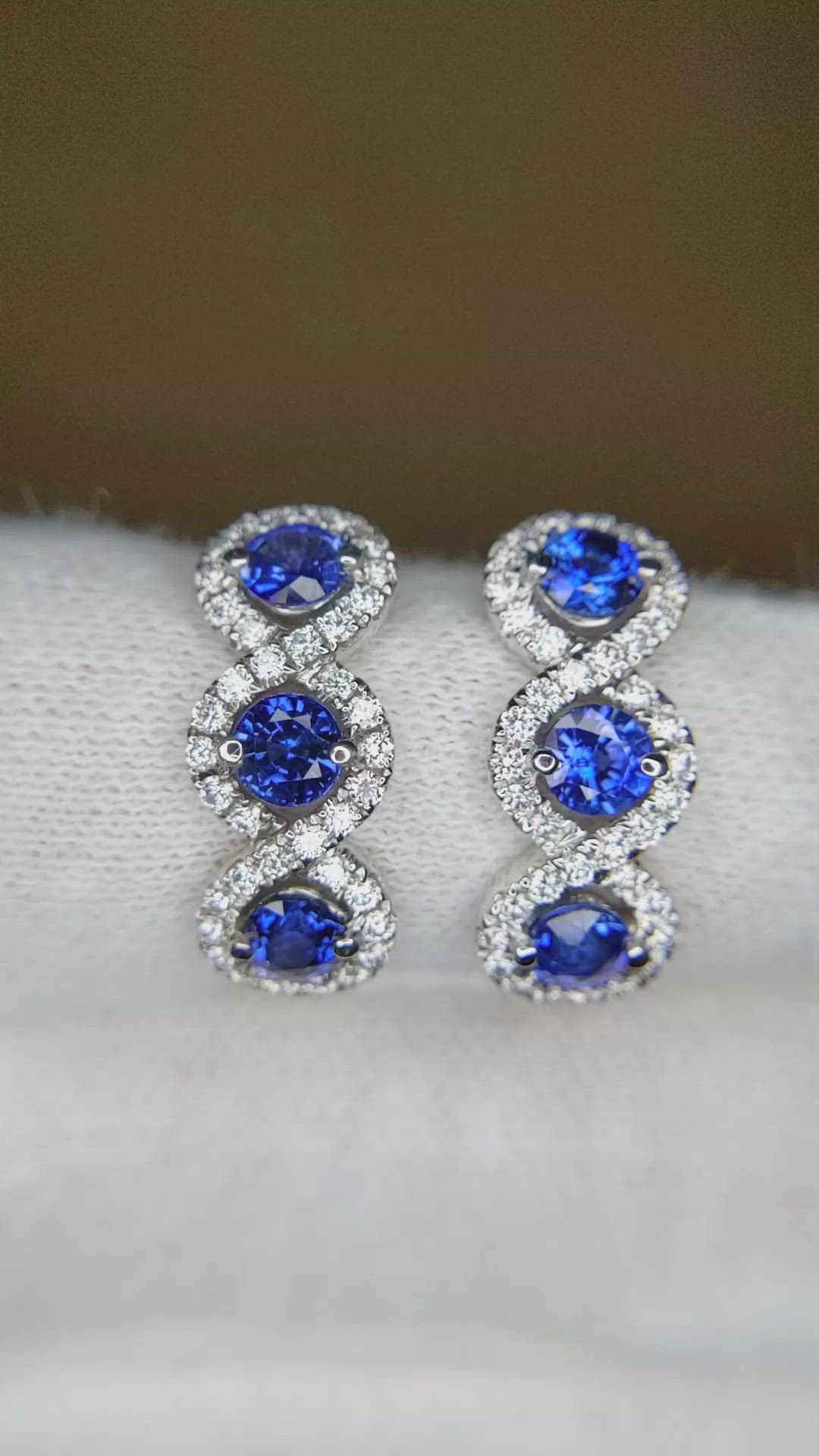 2.59 Ct.Tw.Total Carat Weight Blue Sapphire and Natural Diamond Pave Earrings, 18K White Gold Size Video