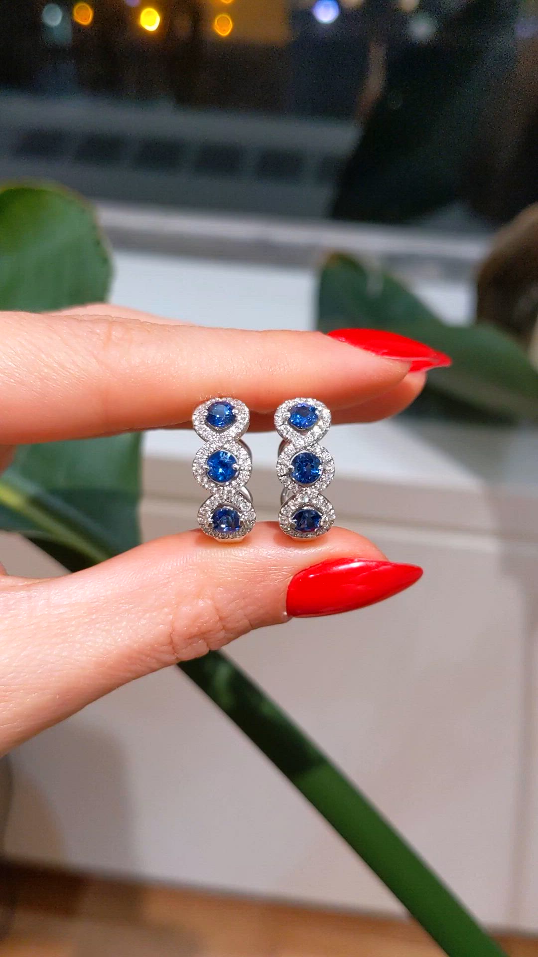 2.59 Ct.Tw.Total Carat Weight Blue Sapphire and Natural Diamond Pave Earrings, 18K White Gold Size Video