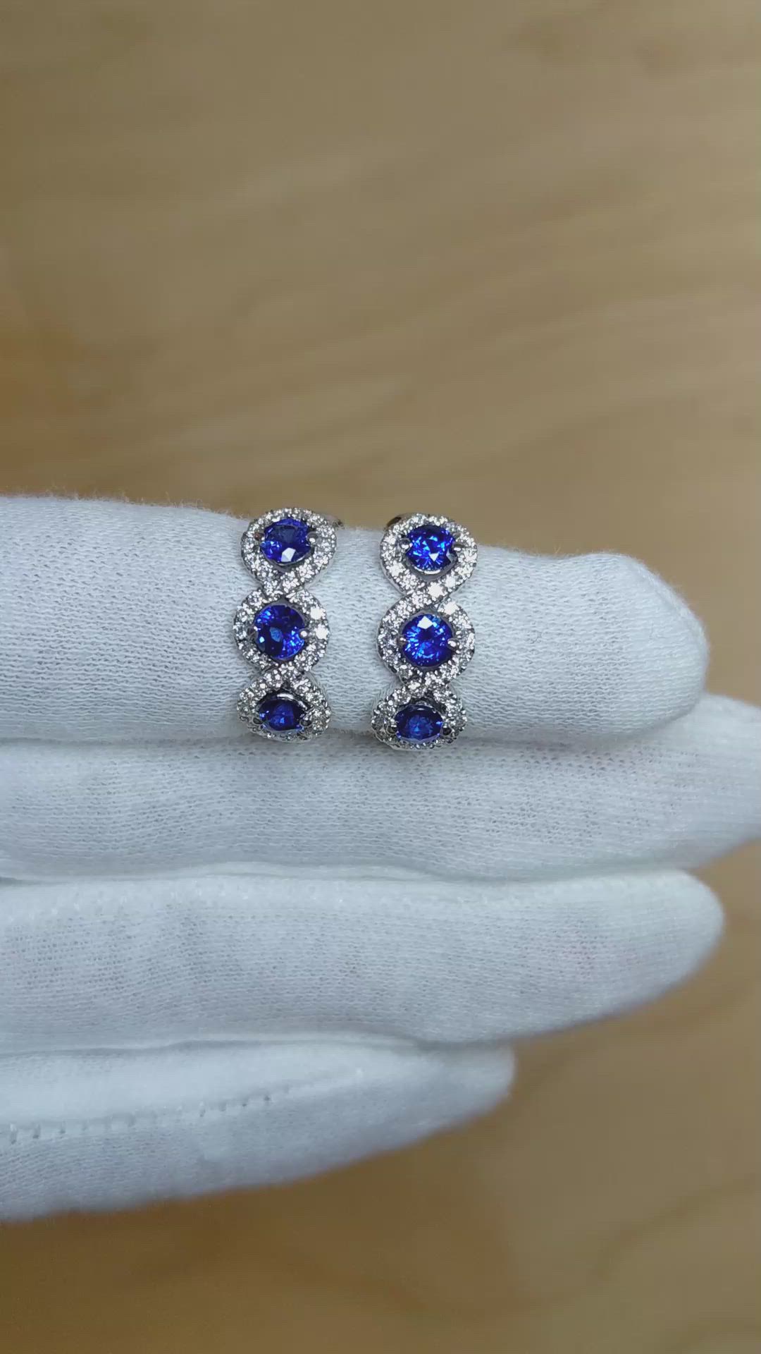 2.59 Ct.Tw.Total Carat Weight Blue Sapphire and Natural Diamond Pave Earrings, 18K White Gold Size Video
