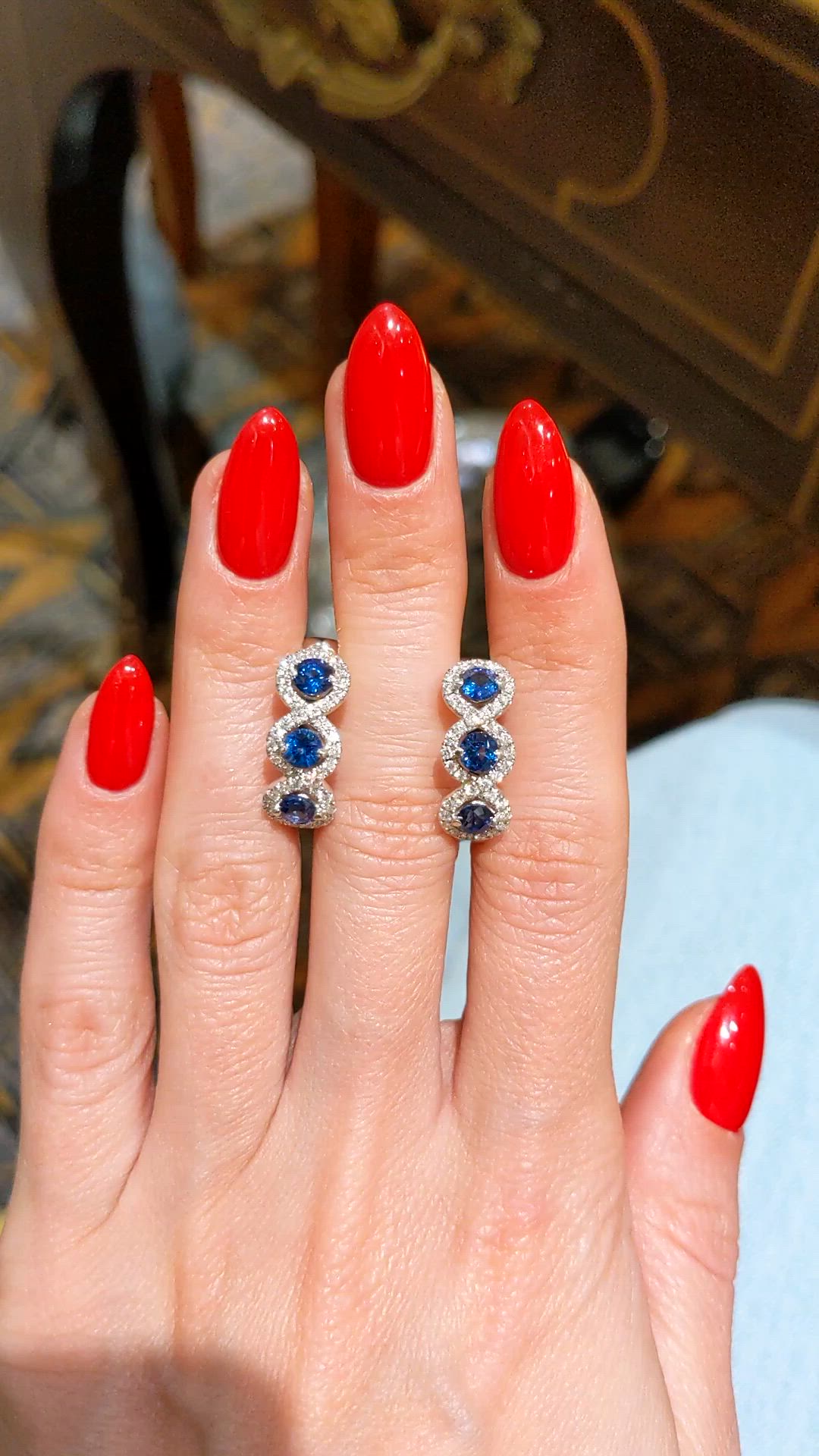 2.59 Ct.Tw.Total Carat Weight Blue Sapphire and Natural Diamond Pave Earrings, 18K White Gold Size Video