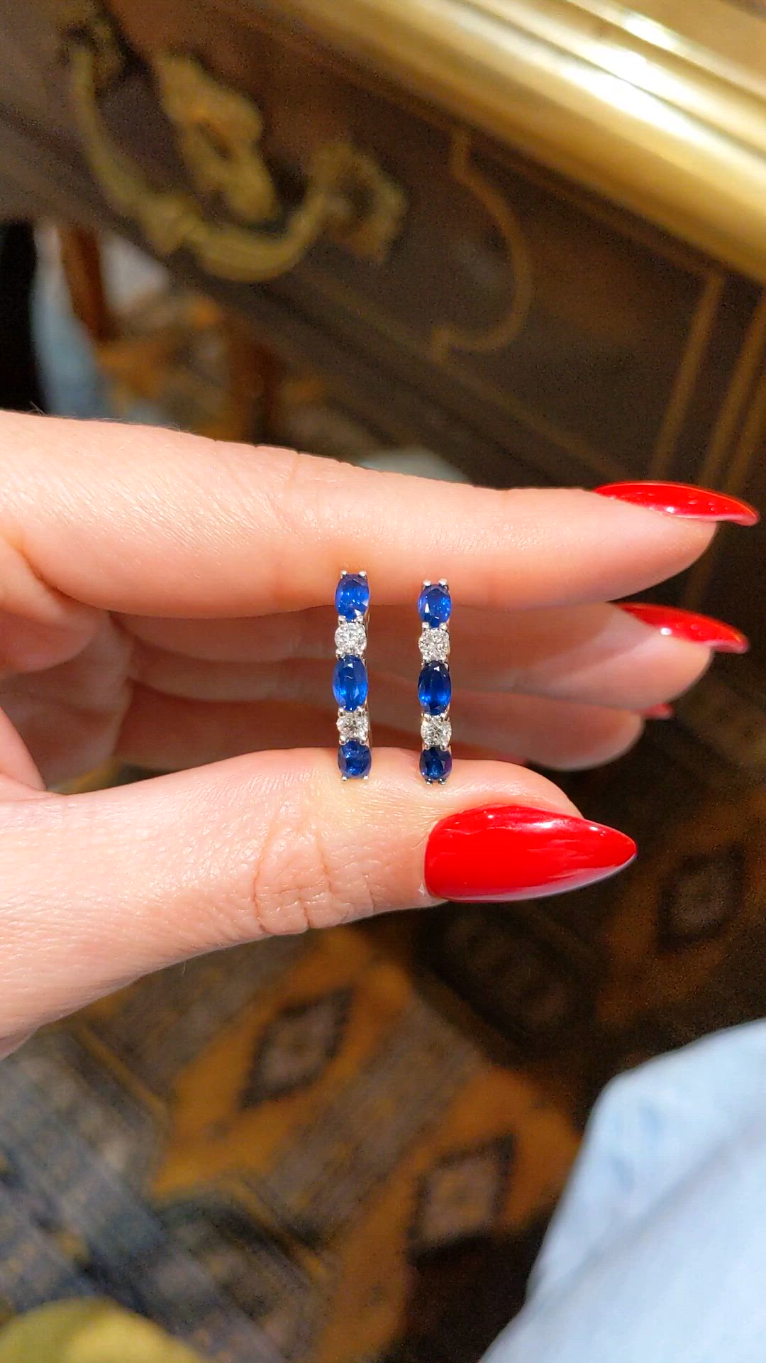 1.60 Ct.Tw. Blue Sapphire and Natural Diamond Hoops Earrings, 14K White Gold Size Video