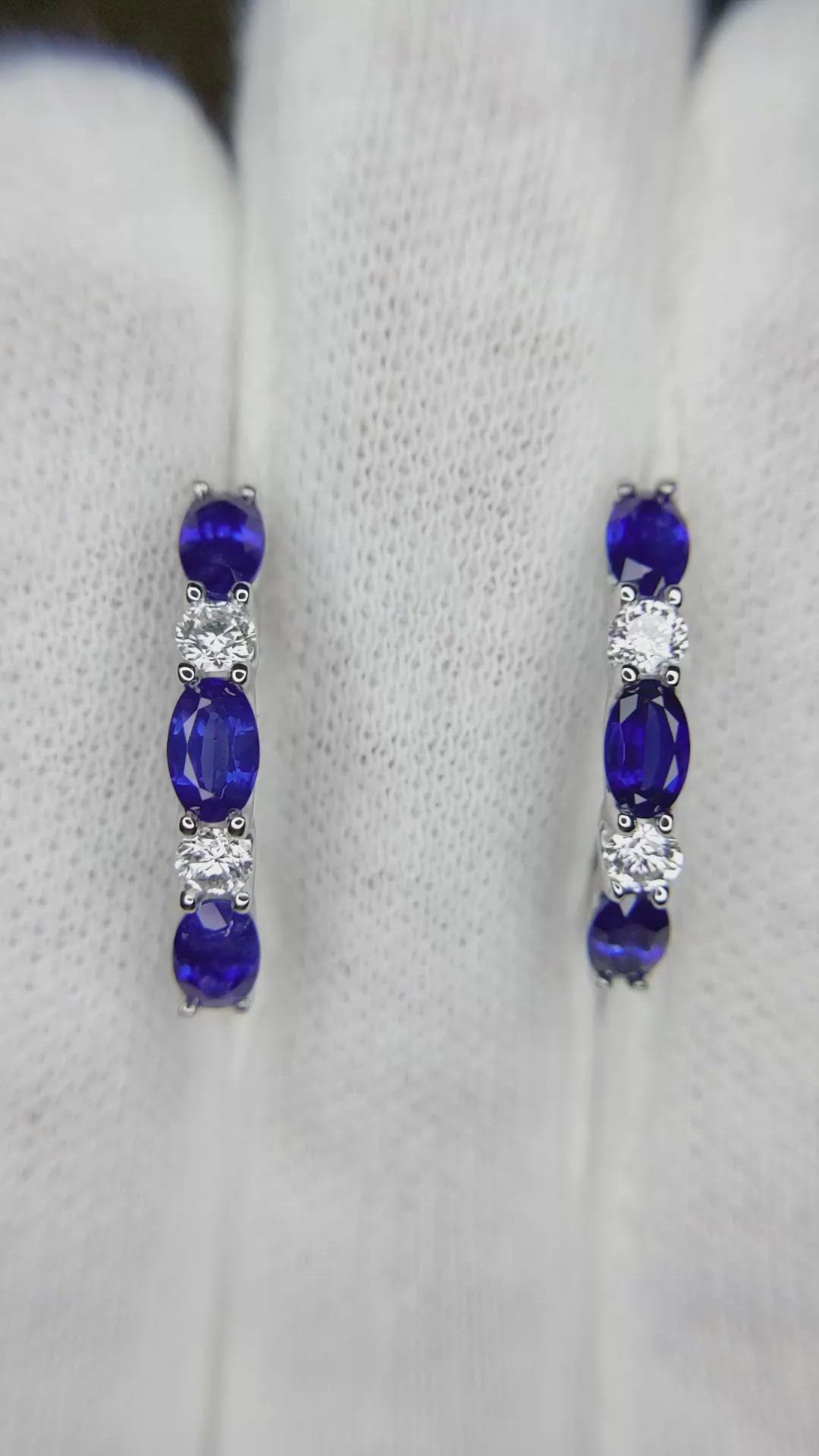 1.60 Ct.Tw. Blue Sapphire and Natural Diamond Hoops Earrings, 14K White Gold Size Video