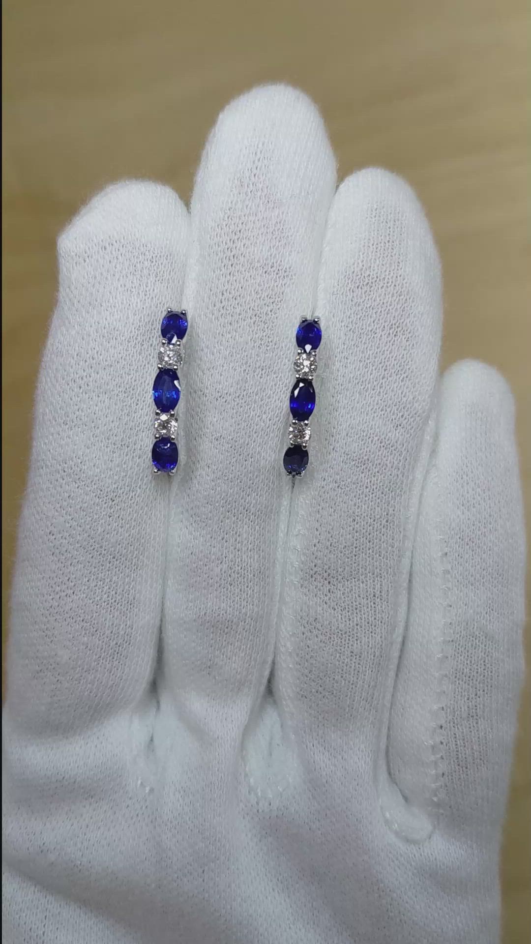 1.60 Ct.Tw. Blue Sapphire and Natural Diamond Hoops Earrings, 14K White Gold Size Video