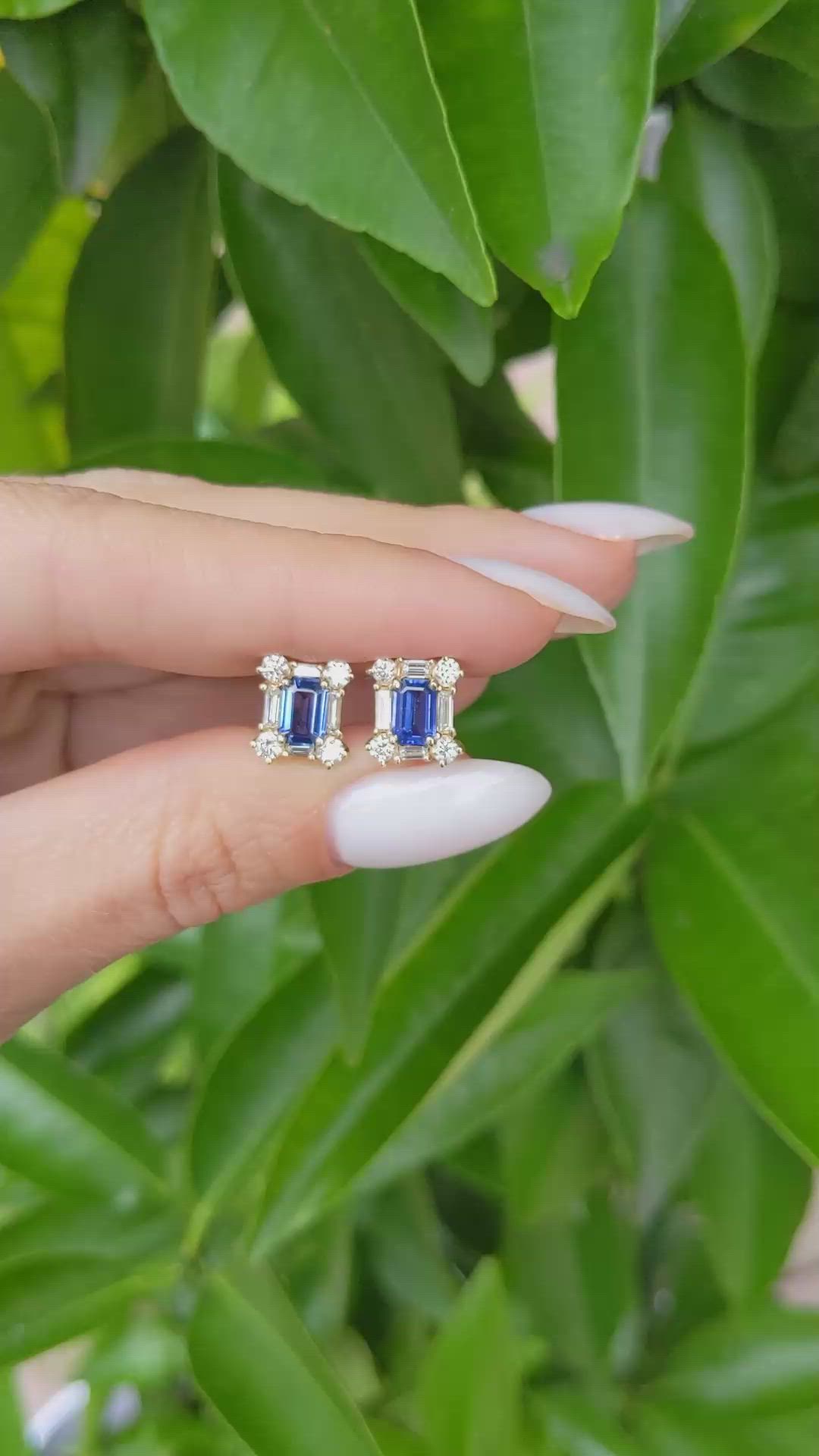 1.10 Ct.Tw. Blue Sapphire and Natural Diamond Halo Earrings, 14K Yellow Gold Size Video