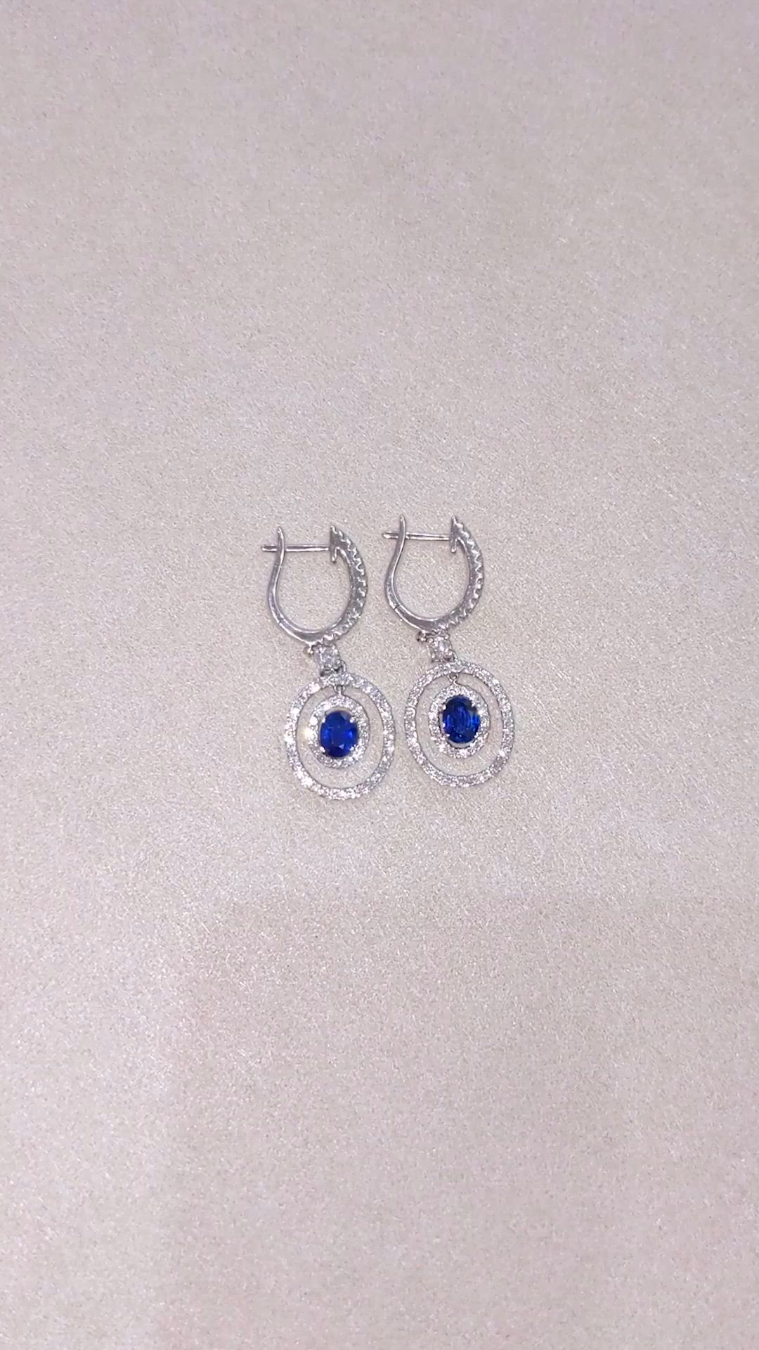 0.50 Ct.Tw. Blue Sapphire and Natural Diamond Pave Earrings, 18K White Gold Size Video