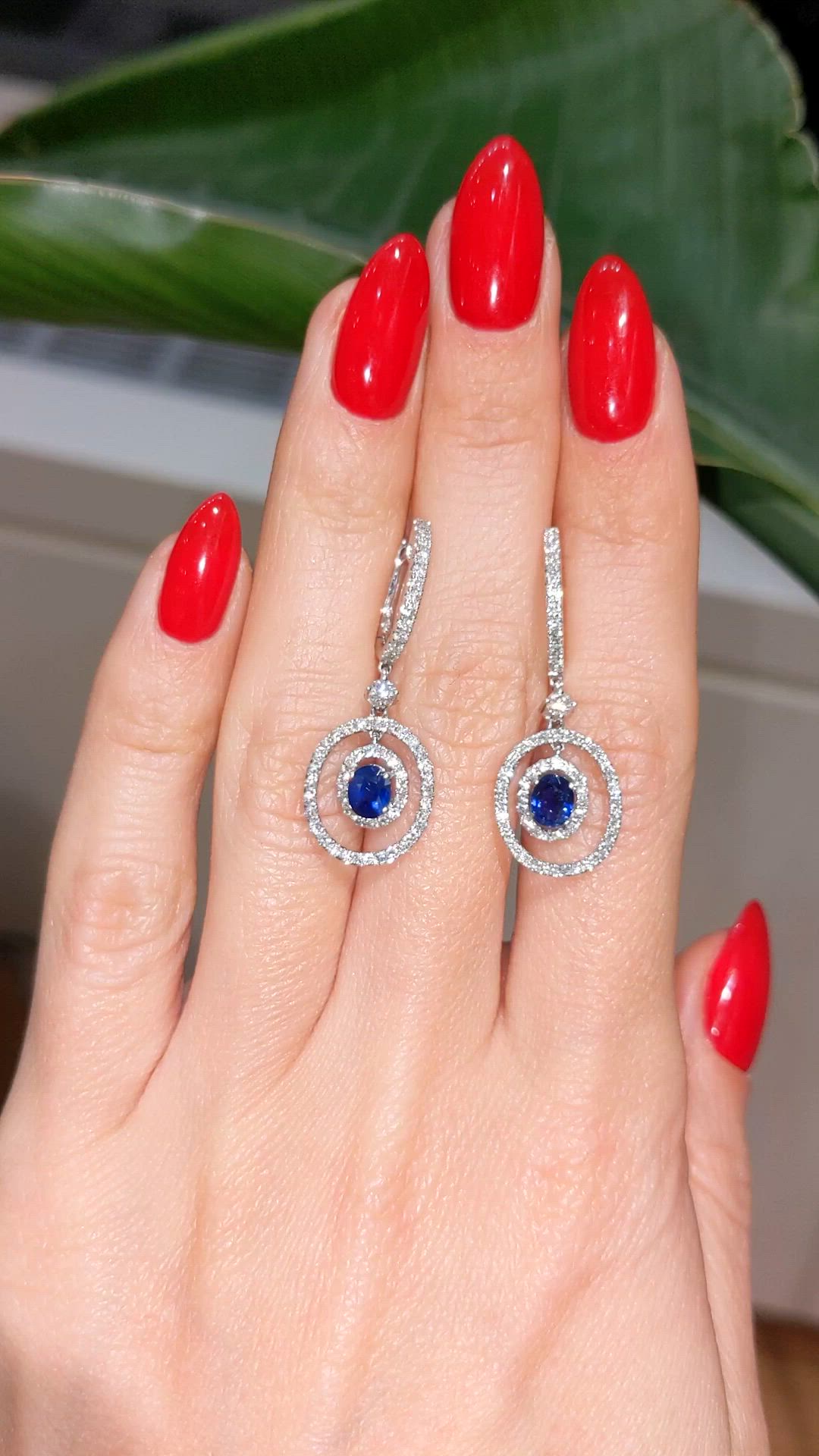 0.50 Ct.Tw. Blue Sapphire and Natural Diamond Pave Earrings, 18K White Gold Size Video