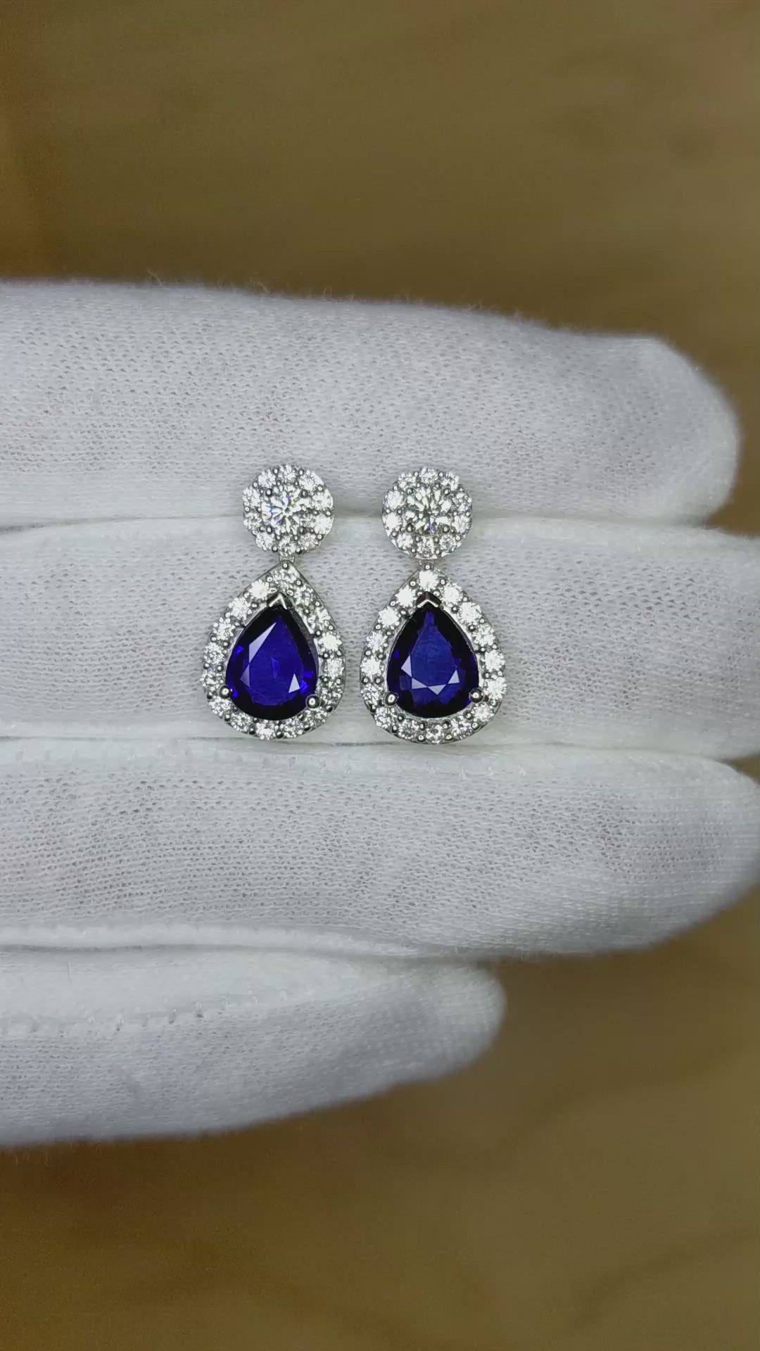 3.22 Ct.Tw. Blue Sapphire and Natural Diamond Pave Earrings, 18K White Gold Size Video