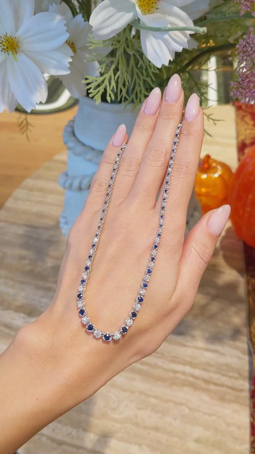 2.86 Ct. Blue Sapphire and Natural Diamond Pave Necklace, 14K White Gold Size Video