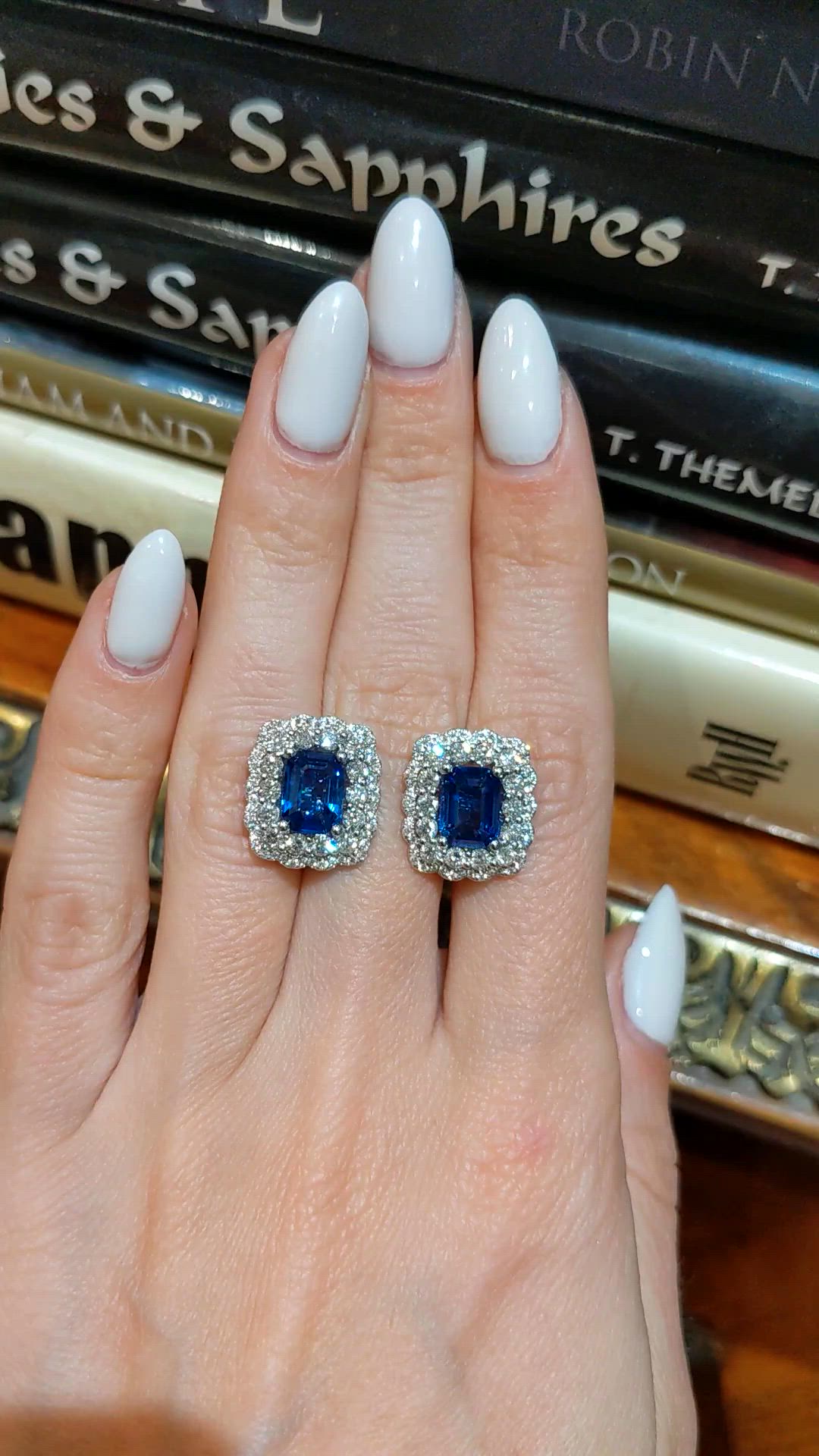 3.10 Ct.Tw. Blue Sapphire and Natural Diamond Pave Earrings, 18K White Gold Size Video