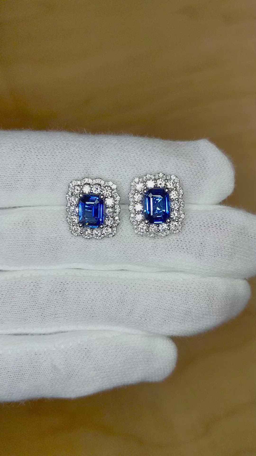 3.10 Ct.Tw. Blue Sapphire and Natural Diamond Pave Earrings, 18K White Gold Size Video