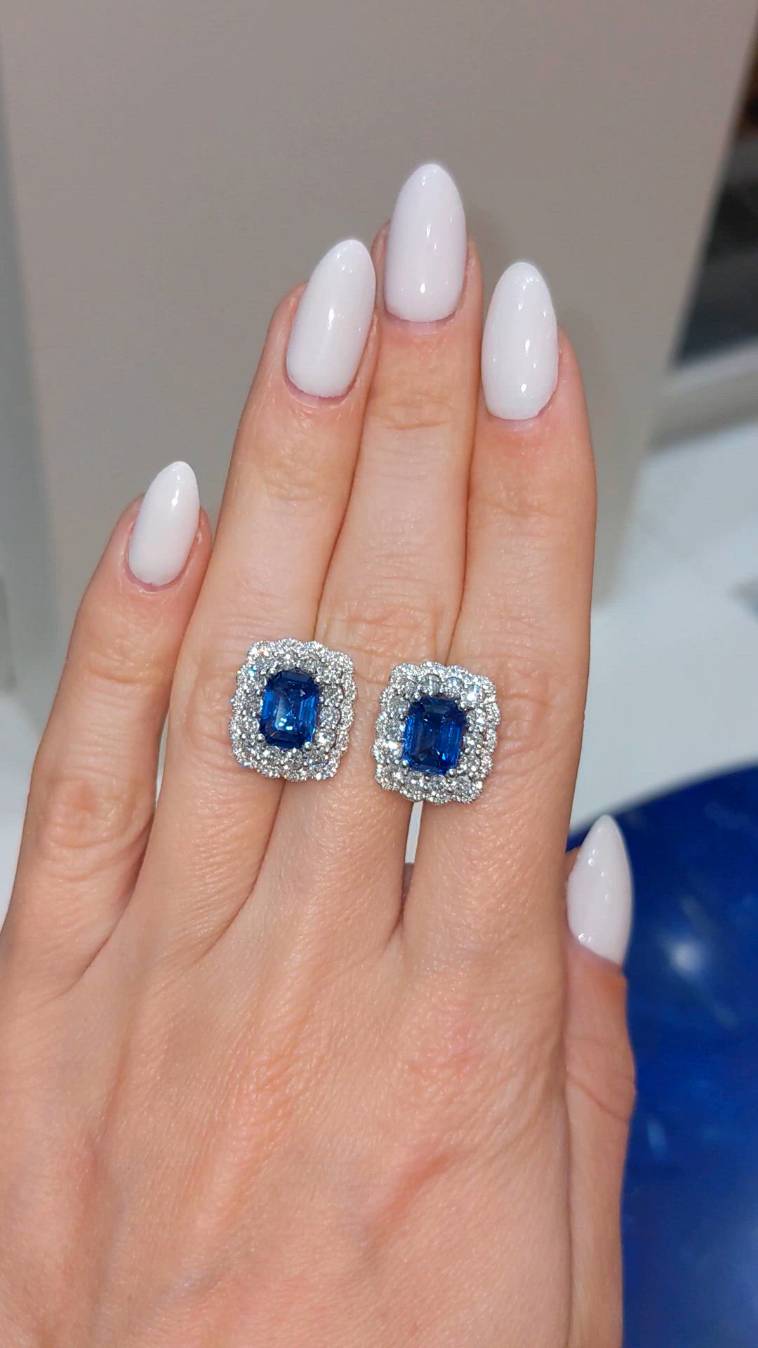 3.10 Ct.Tw. Blue Sapphire and Natural Diamond Pave Earrings, 18K White Gold Size Video
