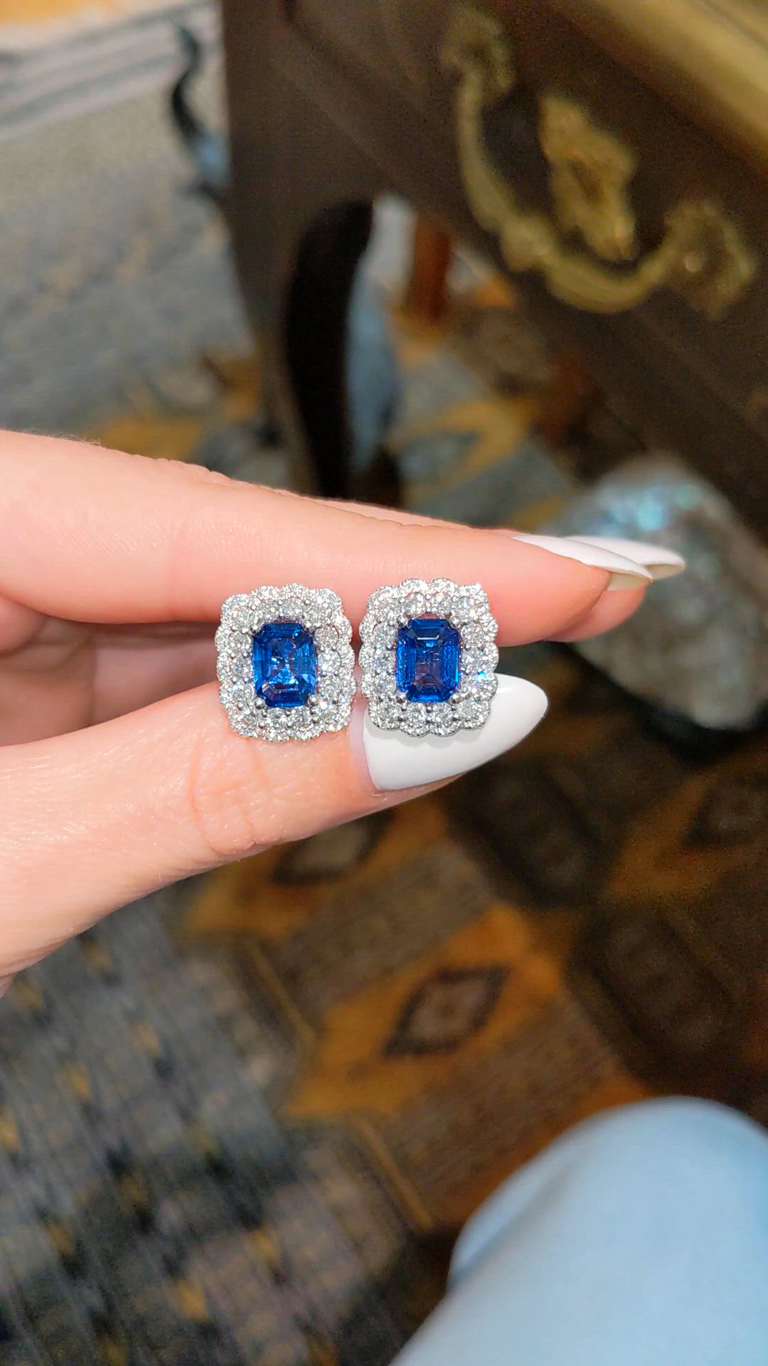 3.10 Ct.Tw. Blue Sapphire and Natural Diamond Pave Earrings, 18K White Gold Size Video