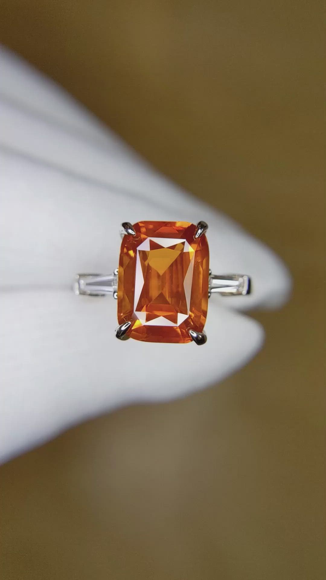 5.02 Ct. Orange Sapphire and Natural Diamond Three Stone Ring, 18K White Gold Size Video