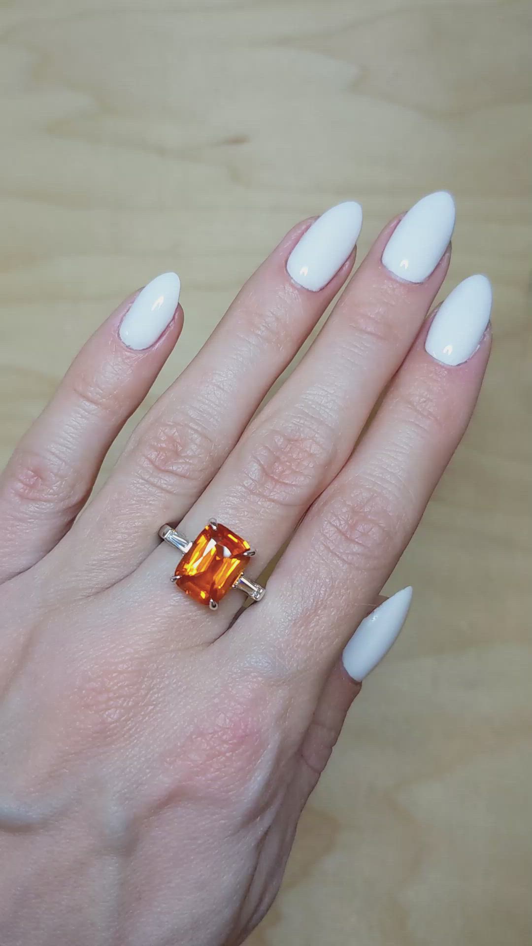 5.02 Ct. Orange Sapphire and Natural Diamond Three Stone Ring, 18K White Gold Size Video