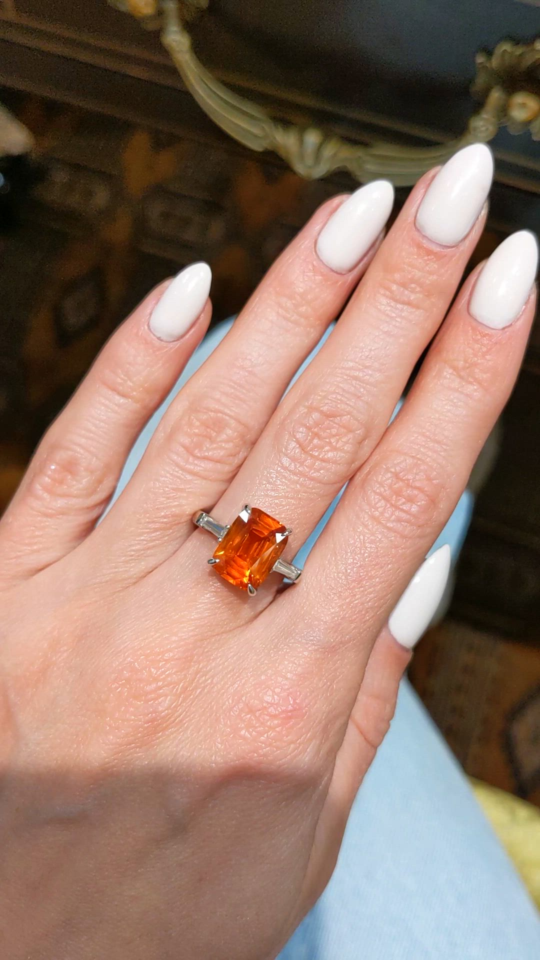 5.02 Ct. Orange Sapphire and Natural Diamond Three Stone Ring, 18K White Gold Size Video