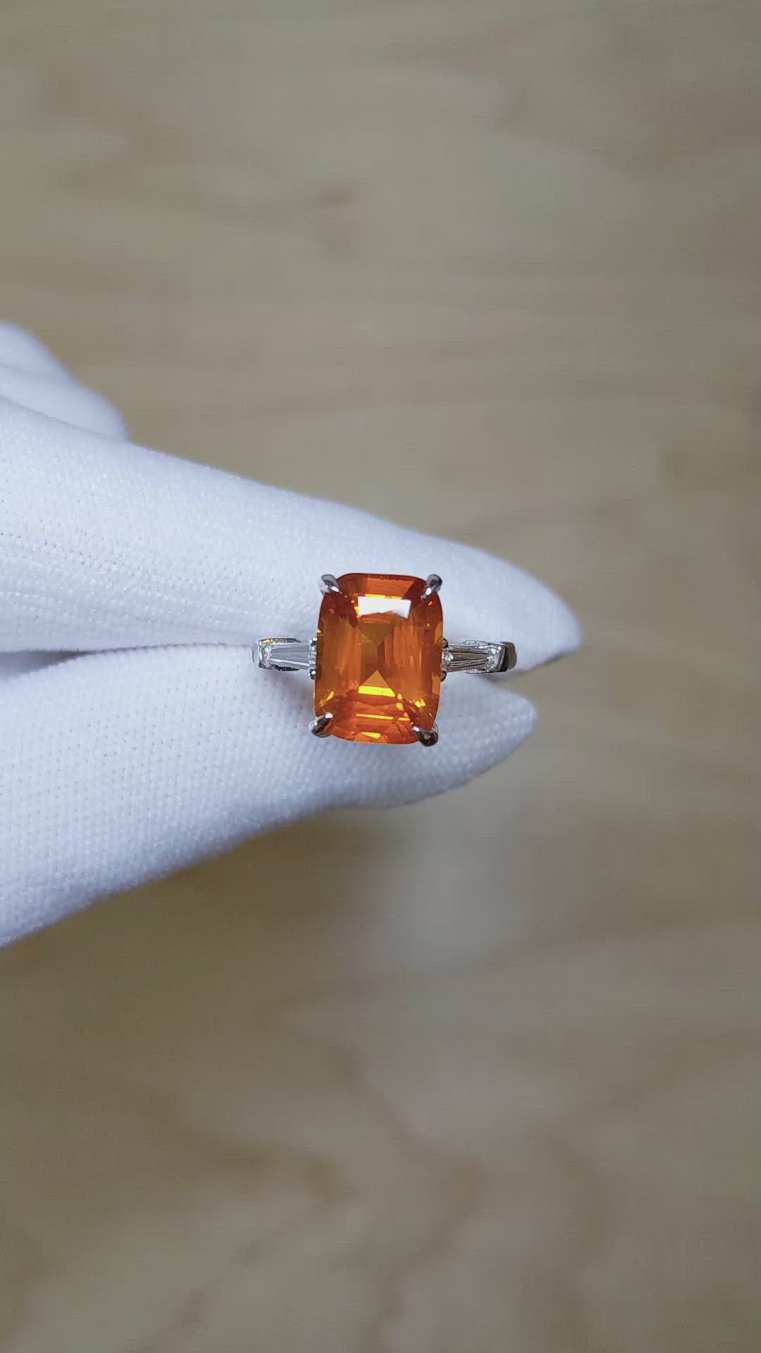 5.02 Ct. Orange Sapphire and Natural Diamond Three Stone Ring, 18K White Gold Size Video