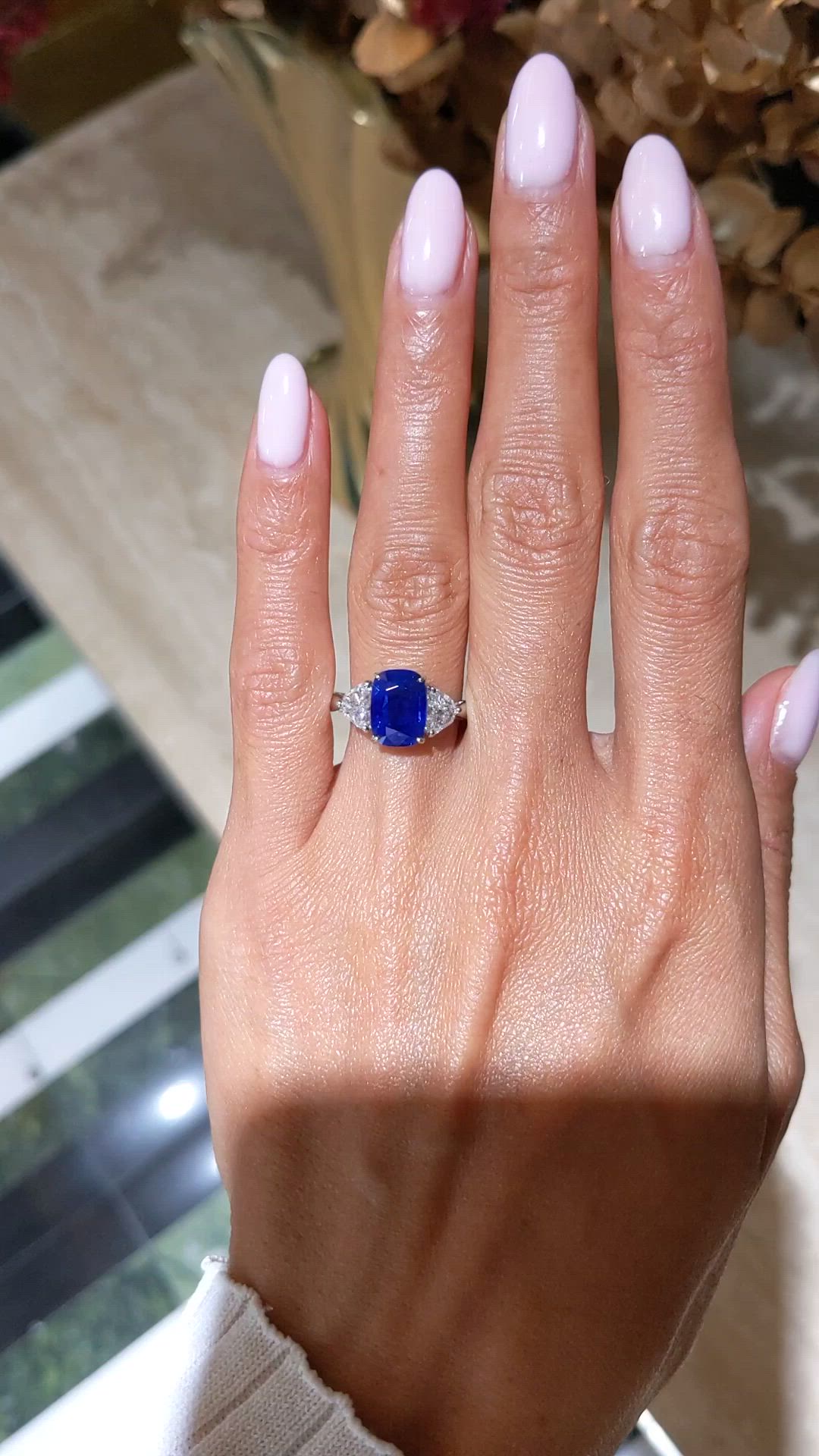 3.34 Ct. Blue Sapphire and Natural Diamond Three Stone Ring, Platinum 950 Size Video