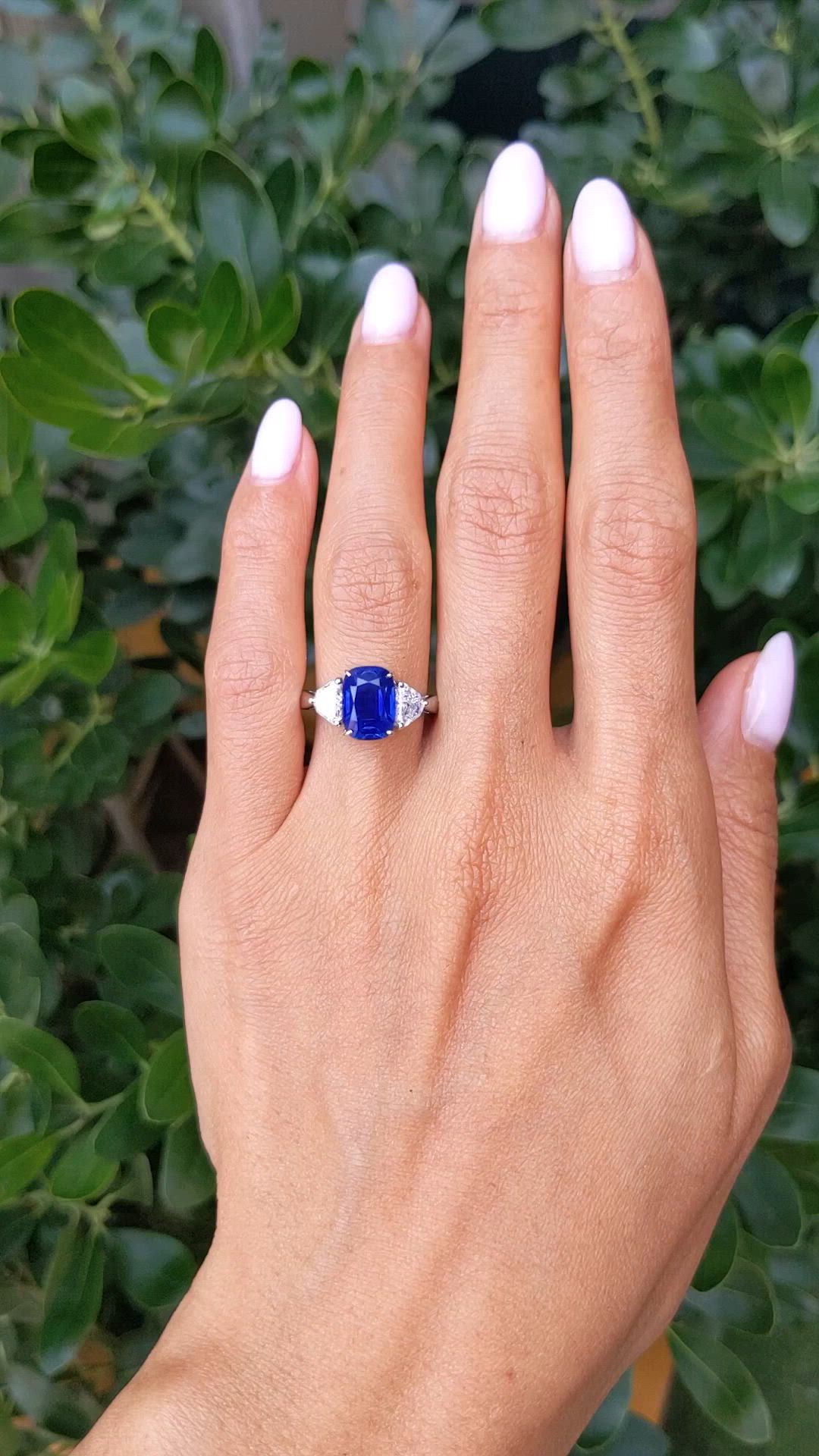 3.34 Ct. Blue Sapphire and Natural Diamond Three Stone Ring, Platinum 950 Size Video