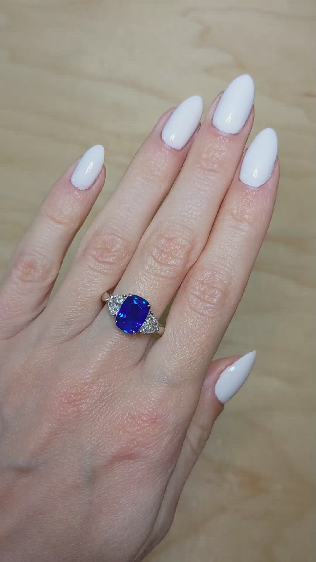 3.34 Ct. Blue Sapphire and Natural Diamond Three Stone Ring, Platinum 950 Size Video