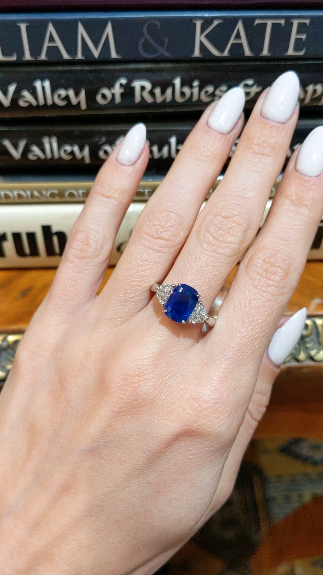 3.34 Ct. Blue Sapphire and Natural Diamond Three Stone Ring, Platinum 950 Size Video